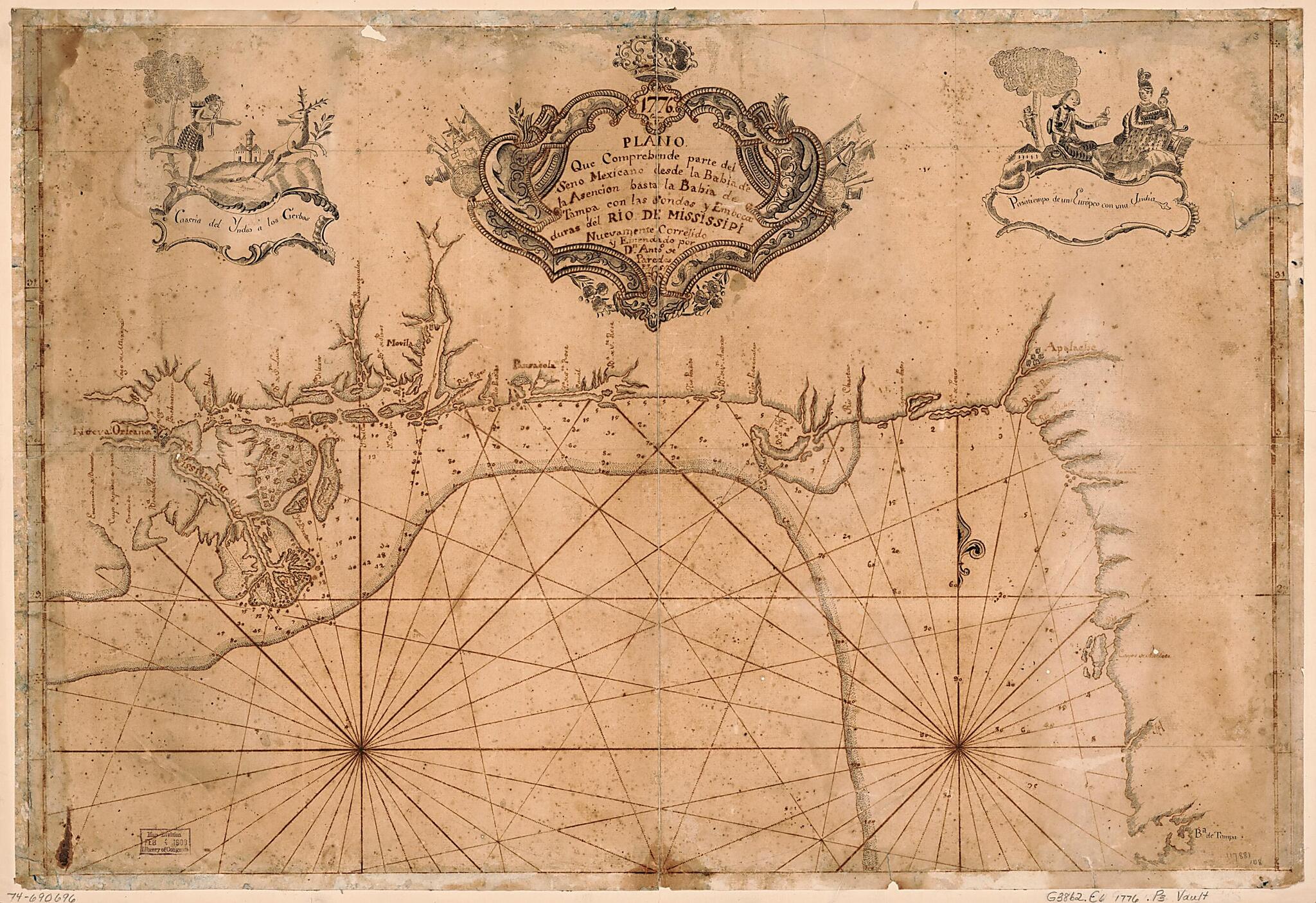This old map of Plano Que Comprehende Parte Del Seno Mexicano Desde La Bahia De La Asencion Hasta La Bahia De Tampa, Con Las Sondas Y Embocaduras Del Rio De Mississipi from 1776 was created by Antonio De Paredes in 1776