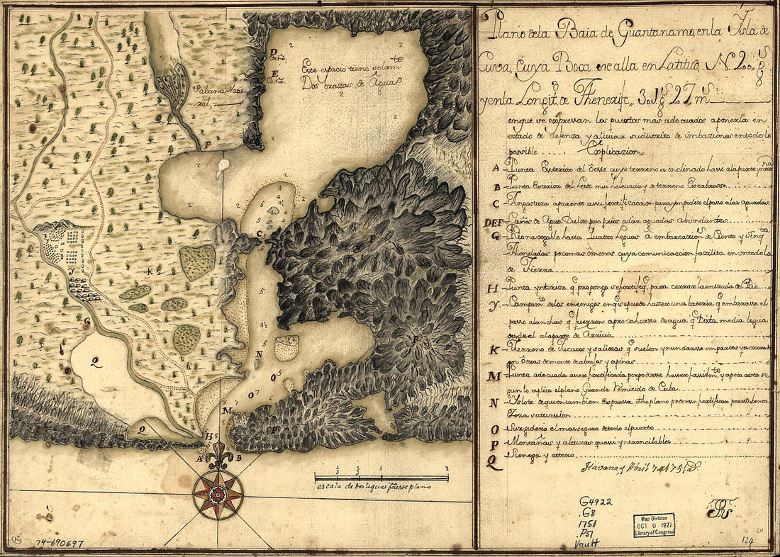 This old map of Plano De La Baía De Guantánamo, En La Ysla De Cuva, Cuya Boca Se Alla En Latitud N. 20 Gs. Y En La Longitd. De Thenerife 301 Gs. 27 Ms from 1751 was created by in 1751