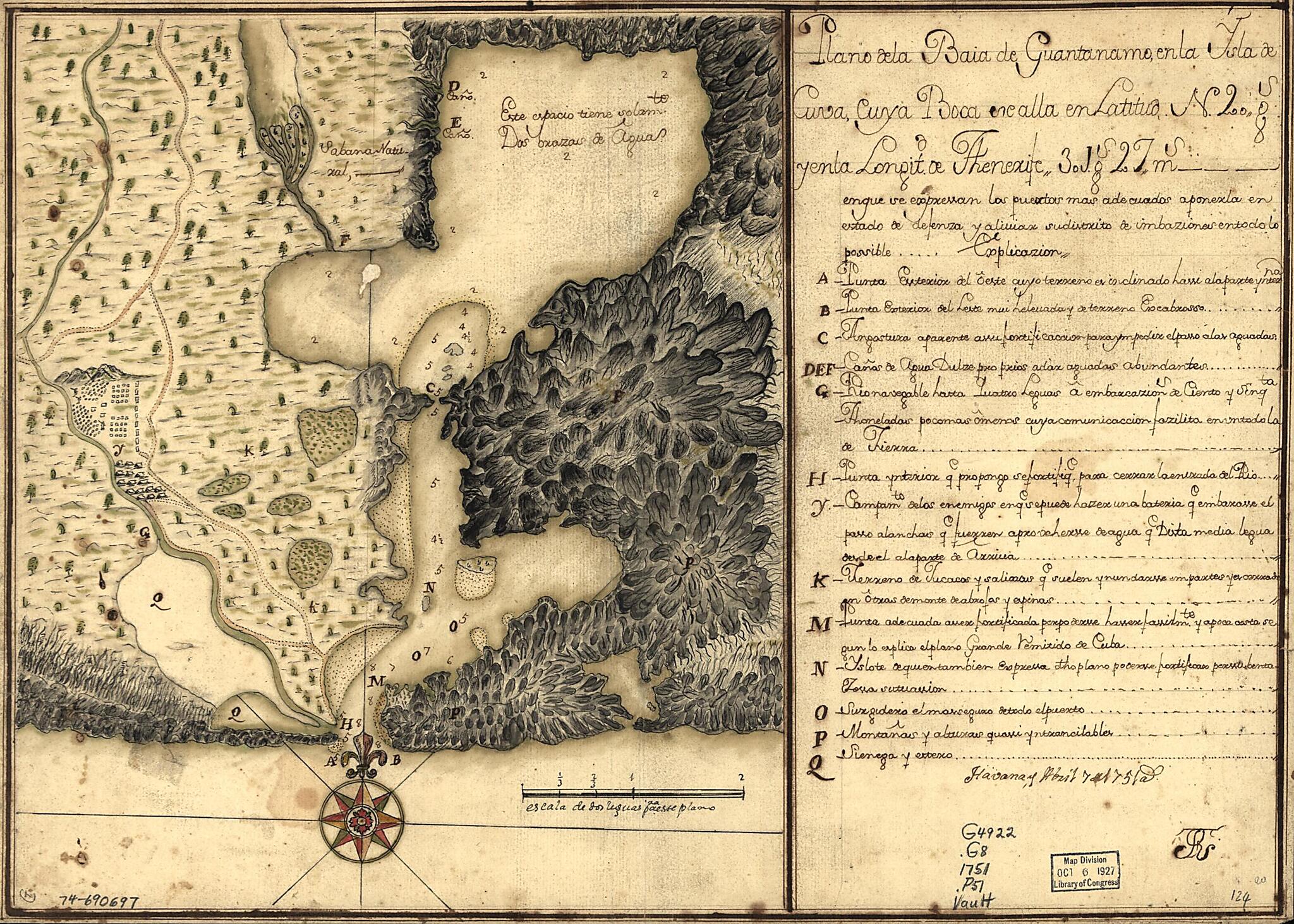 This old map of Plano De La Baía De Guantánamo, En La Ysla De Cuva, Cuya Boca Se Alla En Latitud N. 20 Gs. Y En La Longitd. De Thenerife 301 Gs. 27 Ms from 1751 was created by in 1751