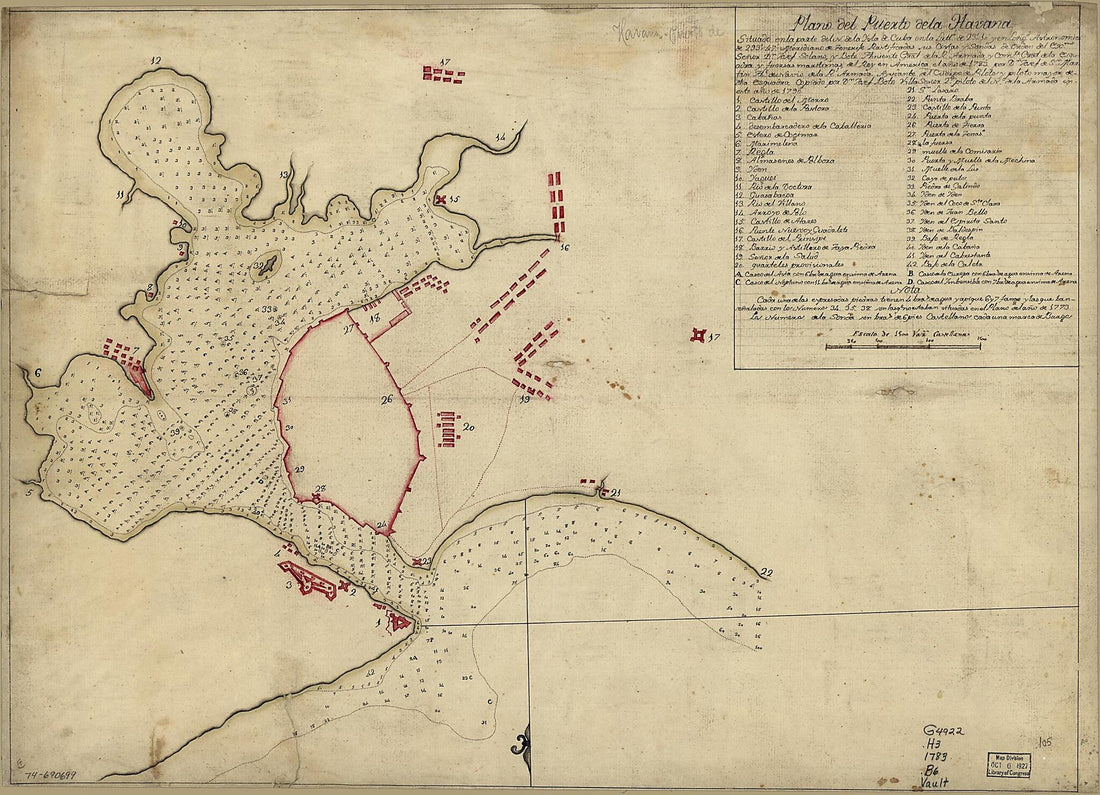 This old map of Plano Del Puerto De La Havana, Situado En La Parte Del N. De La Ysla De Cuba En La Lattd. De 23⁰10ʹ Y En Longd. Astronómica De 293⁰47ʹ, Meridiano De Tenerife.. El Año De from 1783 Por Dn. Josef De Sn. Martin, The. De Navio De La R