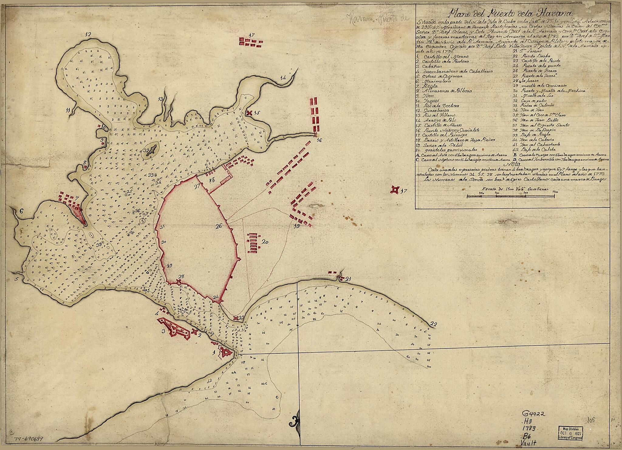 This old map of Plano Del Puerto De La Havana, Situado En La Parte Del N. De La Ysla De Cuba En La Lattd. De 23⁰10ʹ Y En Longd. Astronómica De 293⁰47ʹ, Meridiano De Tenerife.. El Año De from 1783 Por Dn. Josef De Sn. Martin, The. De Navio De La R