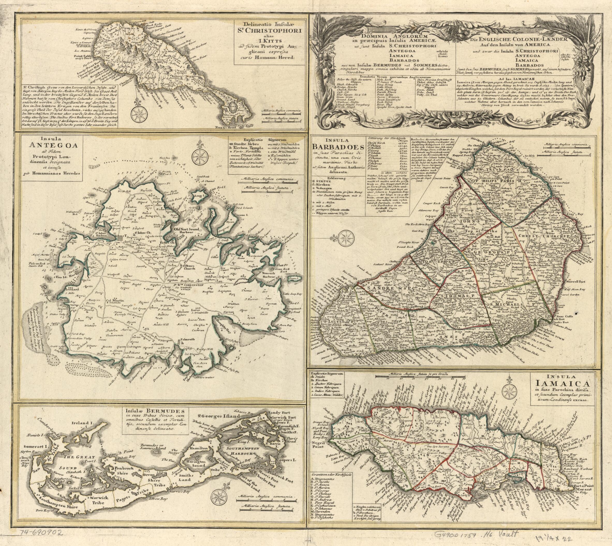This old map of Laender Auf Den Insuln Von America Und Zwar Die Insuln: S. Christophori, Antegoa, Iamaica, Barbados; Samt Den Ins: Bermudes, Sonst Sommers Genańt from 1759 was created by Homann Erben (Firm) in 1759