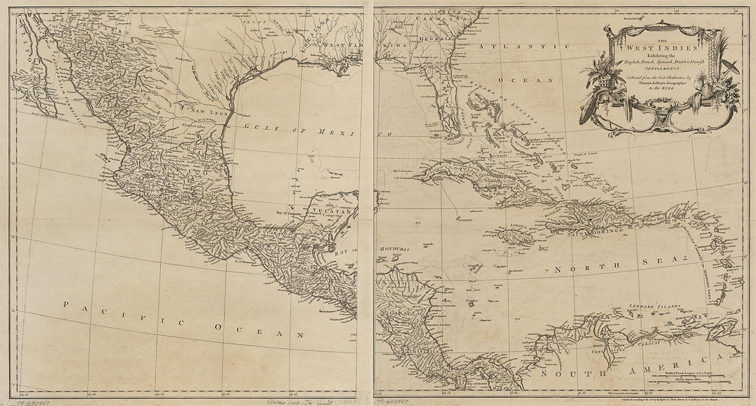 This old map of The West Indies Exhibiting the English, French, Spanish, Dutch & Danish Settlements from 1760 was created by Thomas Jefferys, Robert Sayer in 1760