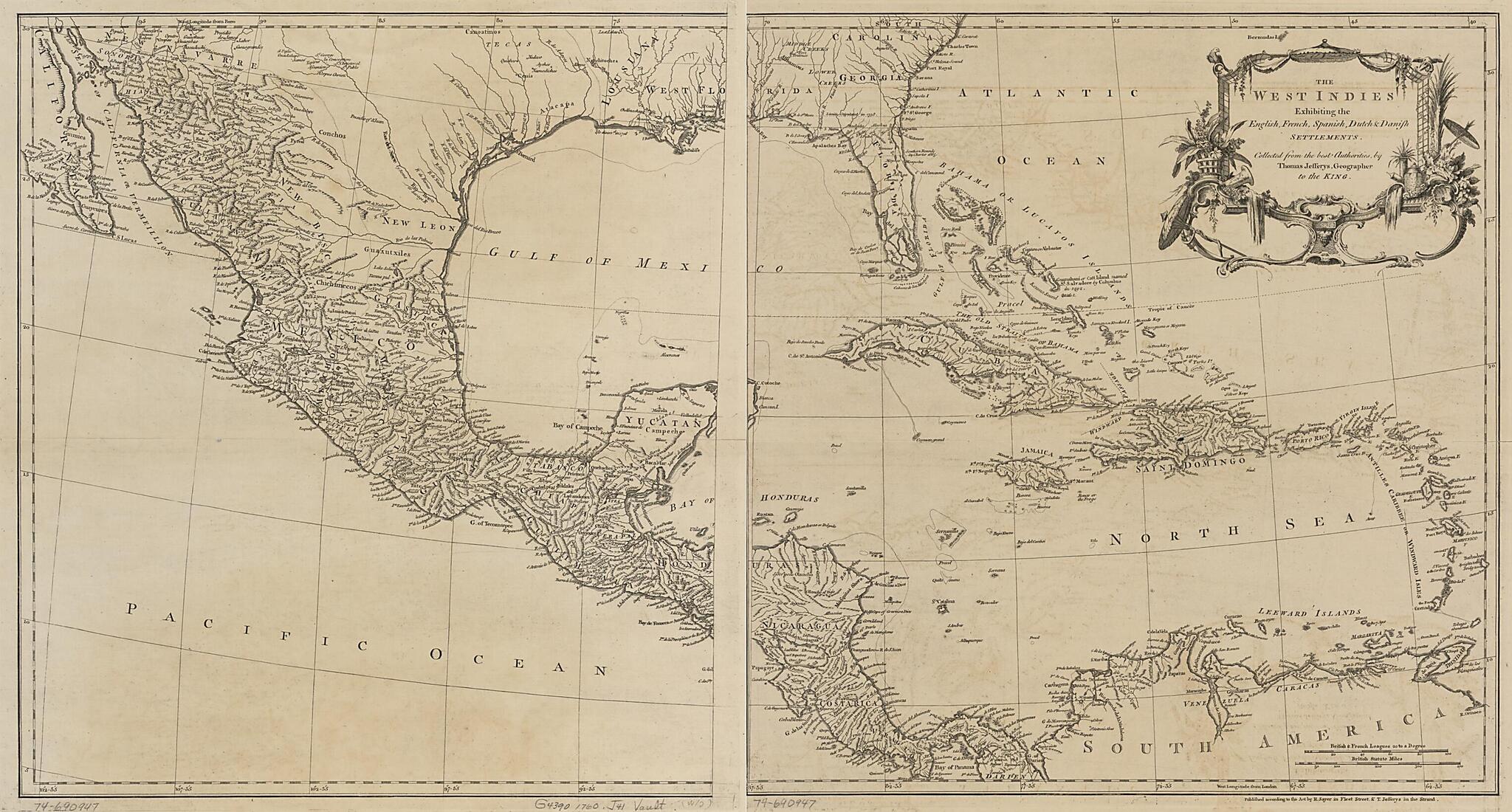 This old map of The West Indies Exhibiting the English, French, Spanish, Dutch & Danish Settlements from 1760 was created by Thomas Jefferys, Robert Sayer in 1760