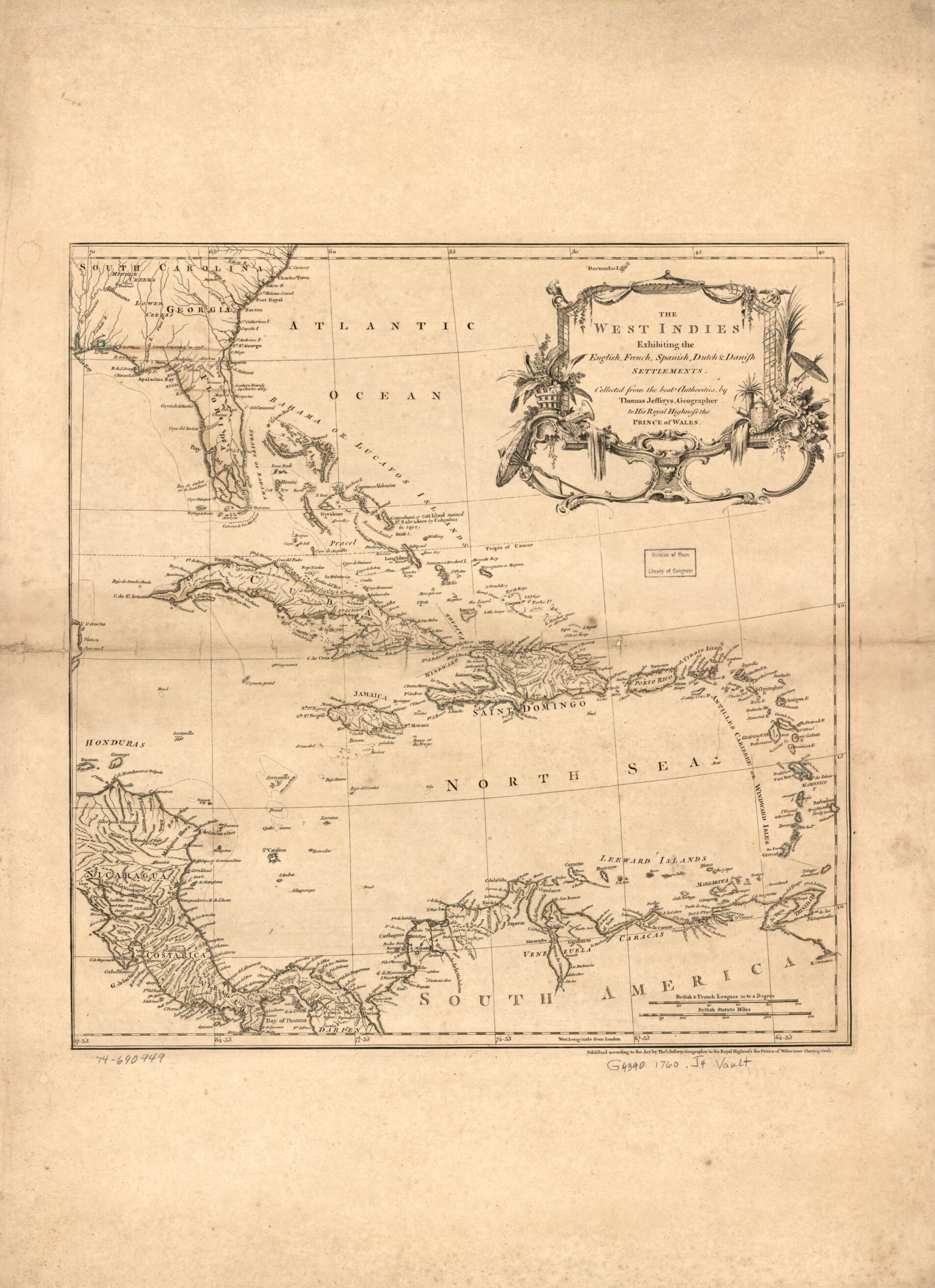 This old map of The West Indies Exhibiting the English, French, Spanish, Dutch & Danish Settlements from 1760 was created by Thomas Jefferys in 1760