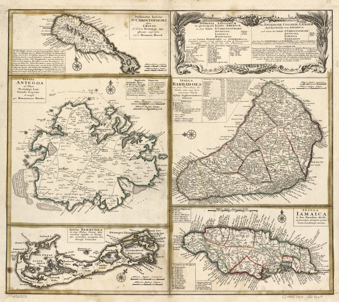 This old map of Laender Auf Den Insuln Von America Und Zwar Die Insuln: S. Christophori, Antegoa, Iamaica, Barbados; Samt Den Ins: Bermudes, Sonst Sommers Genańt from 1759 was created by Homann Erben (Firm) in 1759