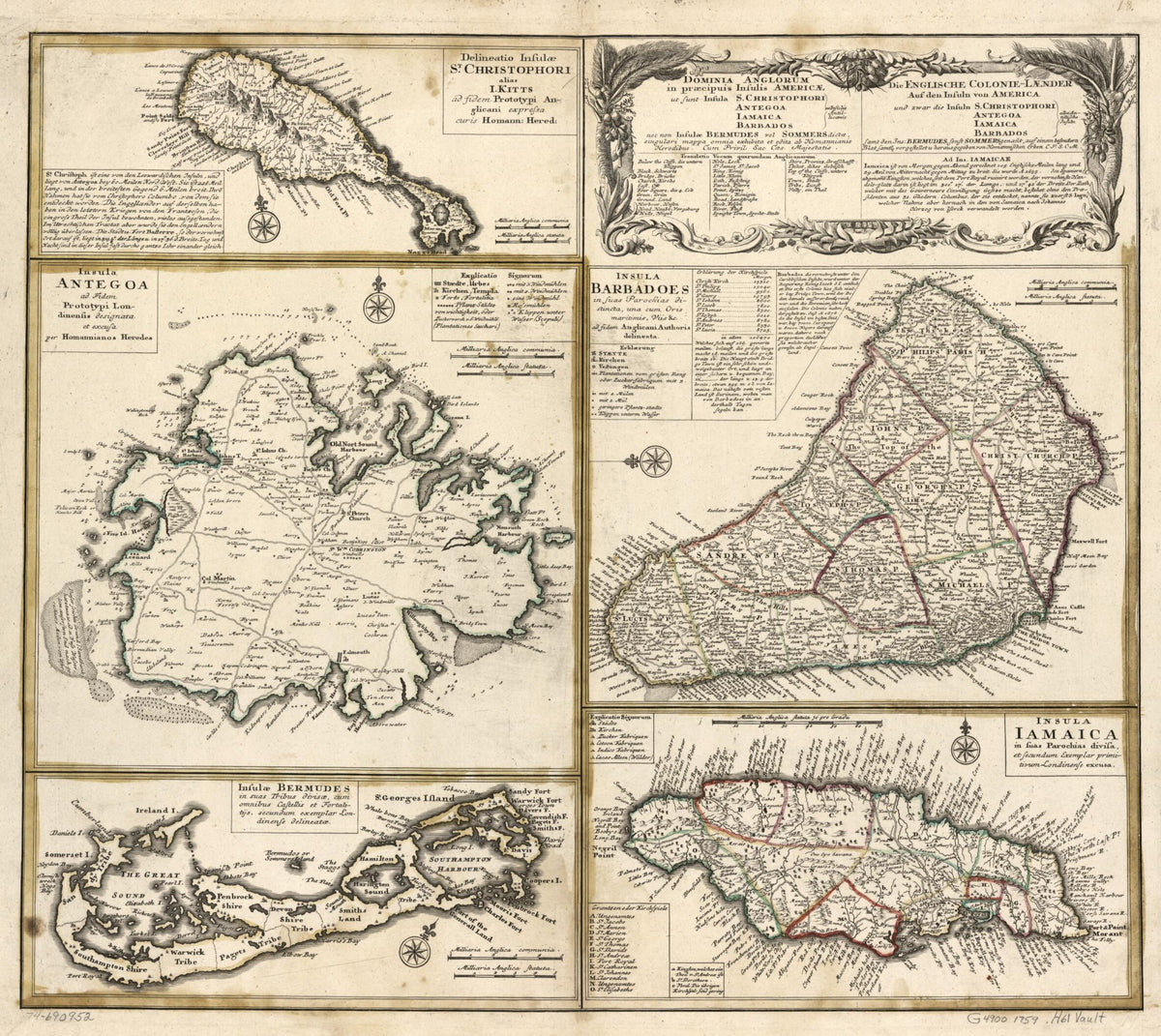 Laender Auf Den Insuln Von America Und Zwar Die Insuln: S. Christophori, Antegoa, Iamaica, Barbados; Samt Den Ins: Bermudes, Sonst Sommers Genańt 1759 by Relic Map Company