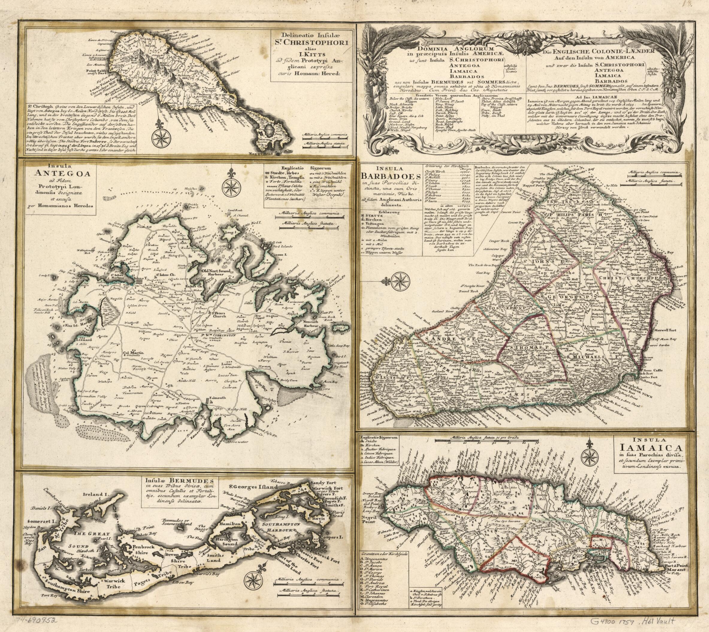 This old map of Laender Auf Den Insuln Von America Und Zwar Die Insuln: S. Christophori, Antegoa, Iamaica, Barbados; Samt Den Ins: Bermudes, Sonst Sommers Genańt from 1759 was created by Homann Erben (Firm) in 1759
