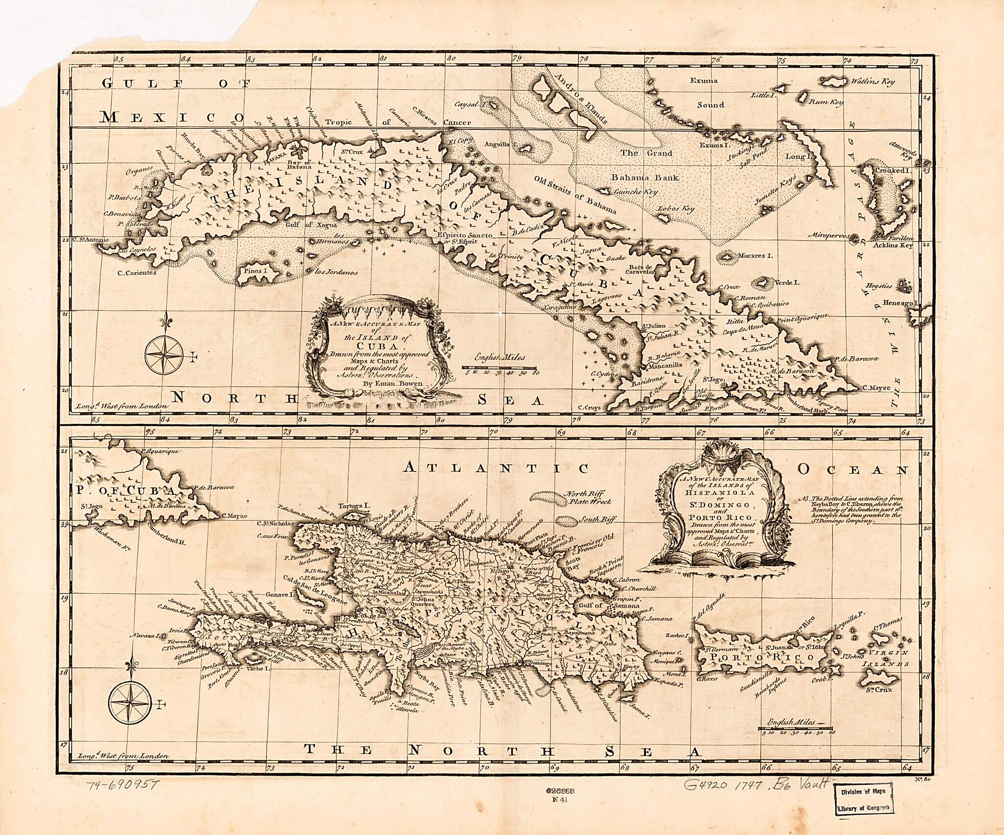 This old map of A New & Accurate Map of the Island of Cuba from 1747 was created by Emanuel Bowen in 1747