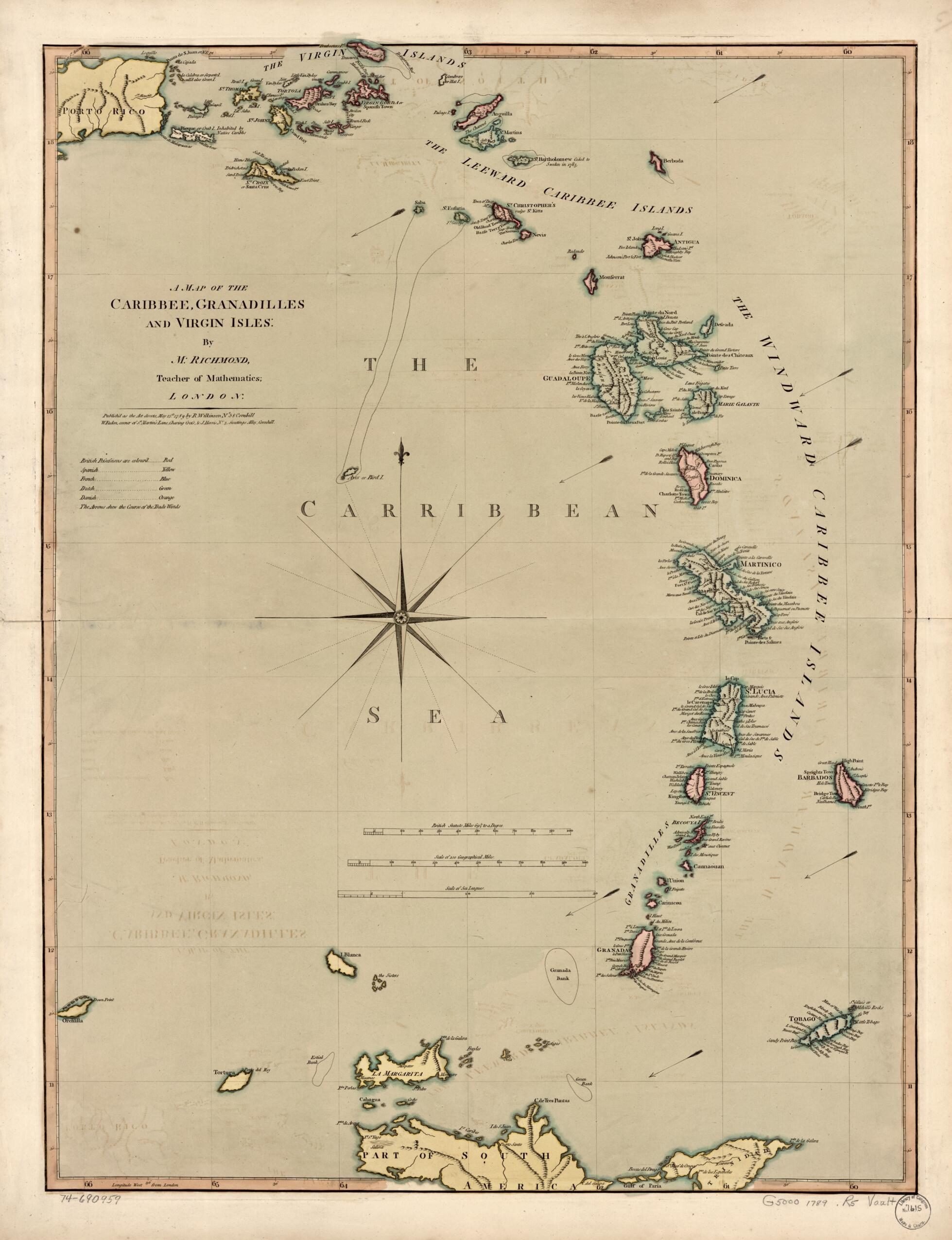 This old map of A Map of the Caribbee, Granadilles and Virgin Isles from 1789 was created by William Faden, John Harris, M. (Mathew) Richmond, Robert Wilkinson in 1789