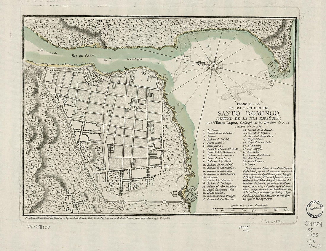 This old map of Plano De La Plaza Y Ciudad De Santo Domingo, Capital De La Isla Española; from 1785 was created by Tomás López De Vargas Machuca in 1785