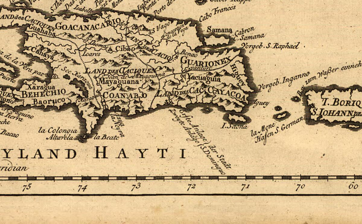 This old map of Karte Von Dem Eylande Hayti Heutiges Tages Espagnola Oder Die Insel St. Domingo Nebst Den Benachbarten Eylanden Nach Der Entdeckung Vom Jahre 1492 Und Den Ersten Niederlassungen Der Spanier from 1754 was created by Jacques Nicolas Bellin