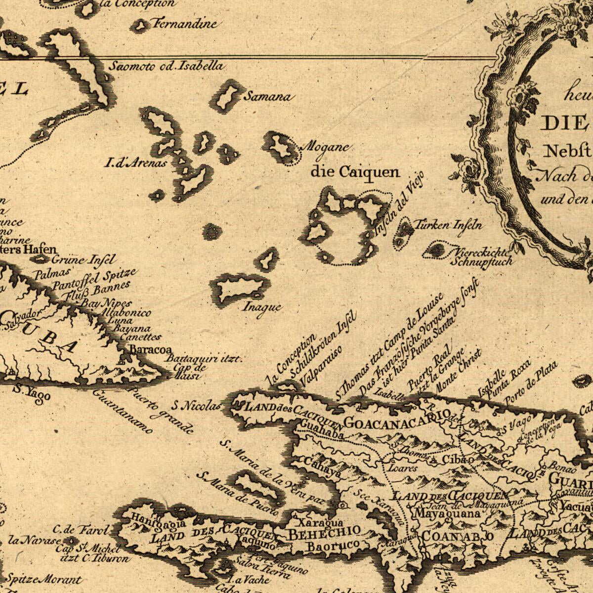 This old map of Karte Von Dem Eylande Hayti Heutiges Tages Espagnola Oder Die Insel St. Domingo Nebst Den Benachbarten Eylanden Nach Der Entdeckung Vom Jahre 1492 Und Den Ersten Niederlassungen Der Spanier from 1754 was created by Jacques Nicolas Bellin