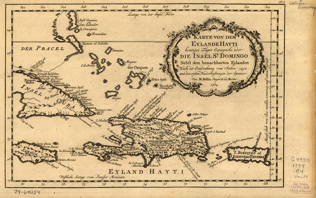 This old map of Karte Von Dem Eylande Hayti Heutiges Tages Espagnola Oder Die Insel St. Domingo Nebst Den Benachbarten Eylanden Nach Der Entdeckung Vom Jahre 1492 Und Den Ersten Niederlassungen Der Spanier from 1754 was created by Jacques Nicolas Bellin