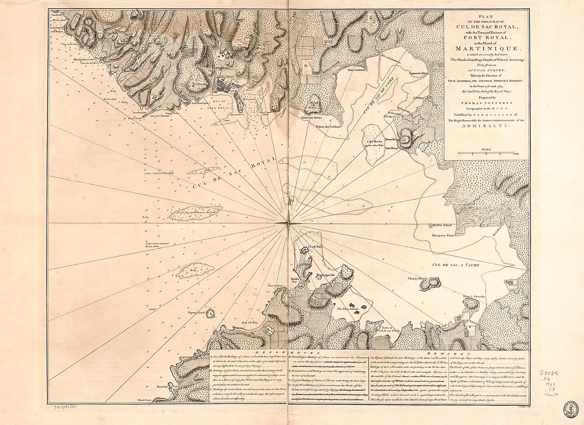 This old map of Plan of the Great Bay of Cul De Sac Royal, With the Town, and Environs of Port Royal, In the Island of Martinique, In Which Are Correctly Laid Down the Shoals, Soundings, Depths of Water, & Anchorage from 1763 was created by Thomas Jeffer