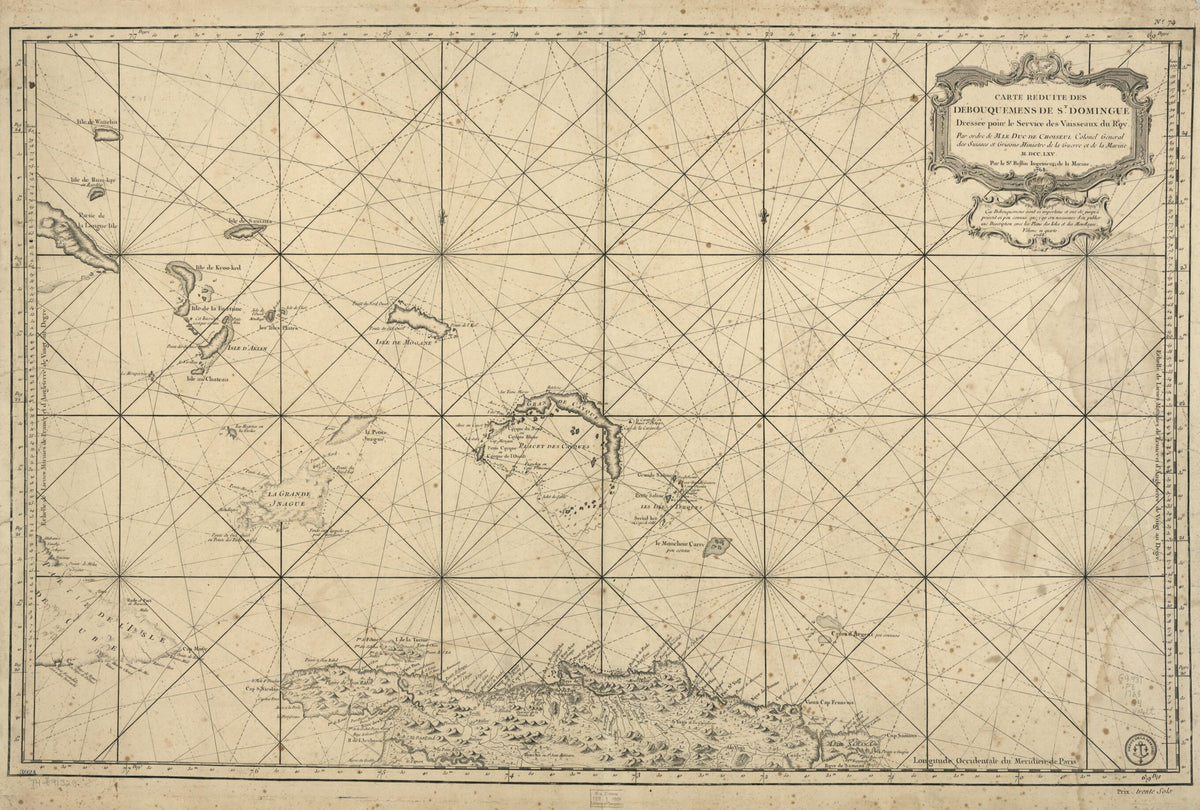 Carte Réduite Des Débouquemens De St. Domingue Dressée Pour Le Service Des Vaisseaux Du Roy. Par Ordre De M. Le Duc De Choiseul, Colonel Général Des Suisses Et Grisons, Ministre De La Guerre Et De La Marine. M.DCC.LXV in 1768 by Relic Map Company