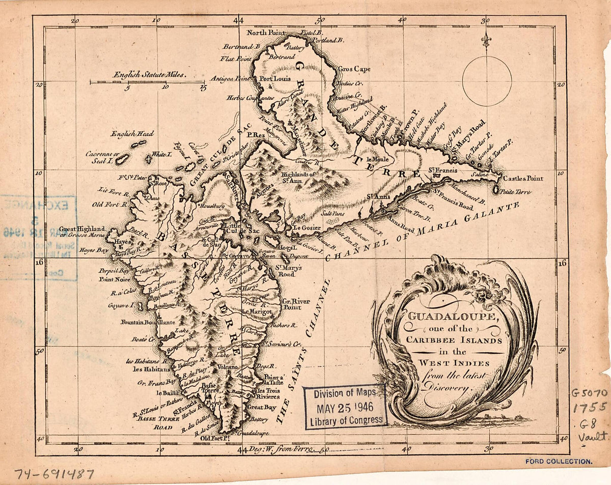 Guadaloupe, One of the Caribee Islands In the West Indies from the Latest Discovery 1755 by Relic Map Company