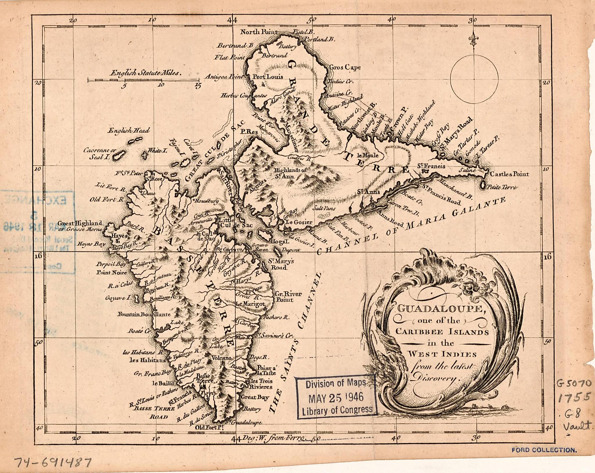 This old map of Guadaloupe, One of the Caribee Islands In the West Indies from the Latest Discovery from 1755 was created by in 1755