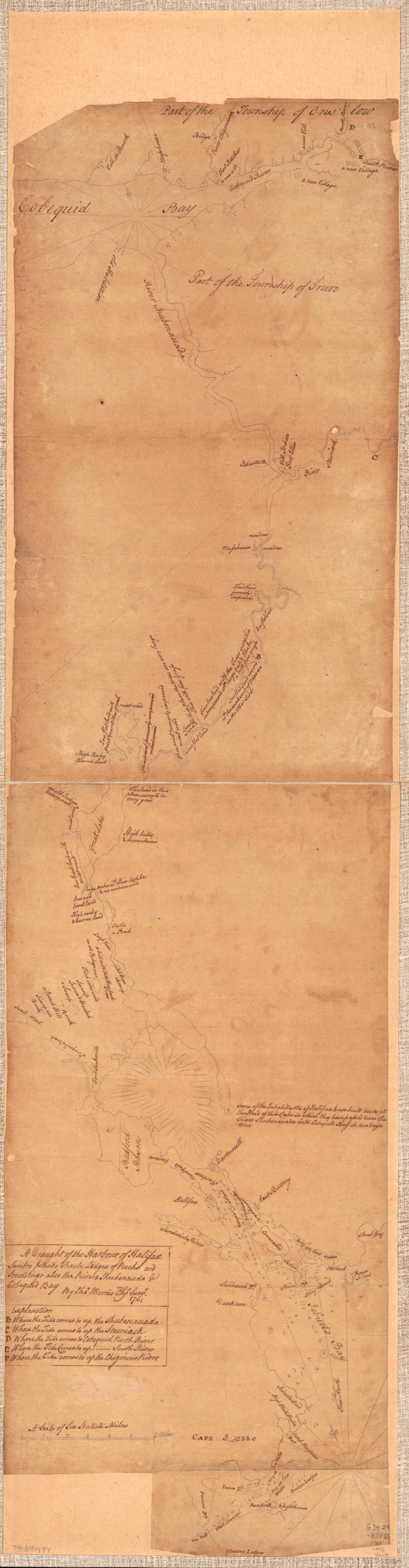 This old map of A Draught of the Harbour of Halifax, Sambro Islands, Shoals, Ledges of Rocks, and Soundings, Also the Rivers Shubenauda & Cobequid Bay from 1761 was created by Charles Morris in 1761