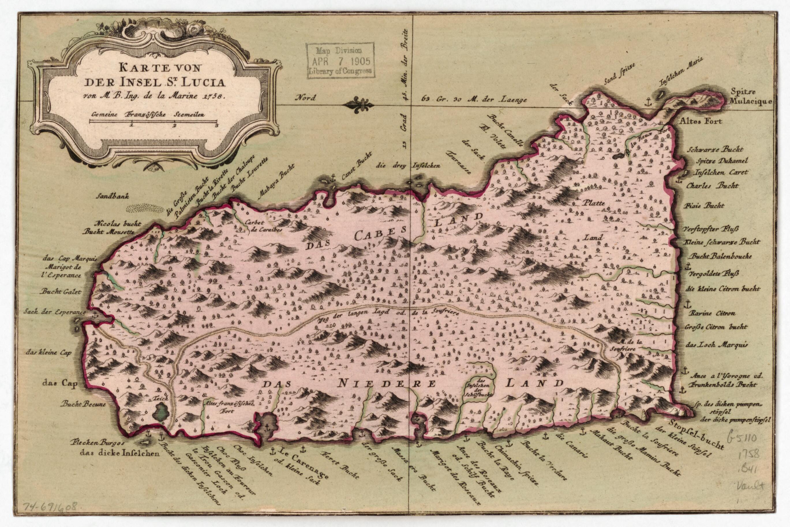 This old map of Karte Von Der Insel St. Lucia from 1758 was created by Jacques Nicolas Bellin in 1758