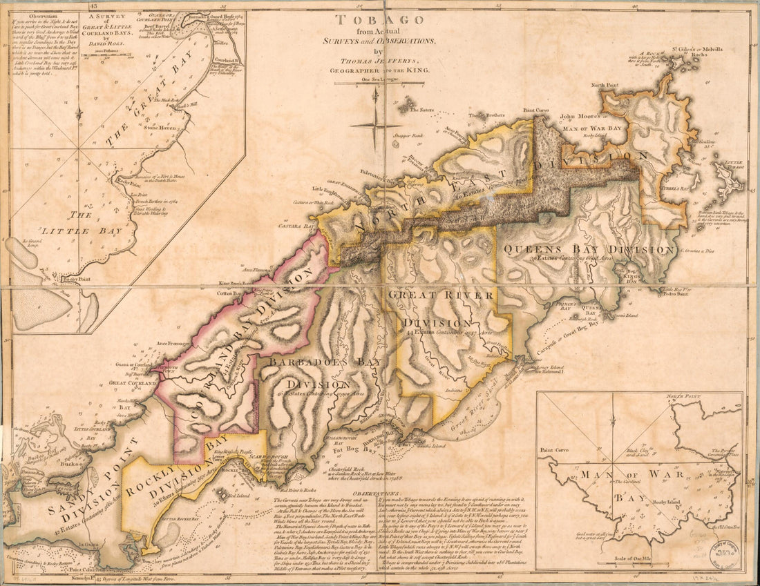 This old map of Tobago from Actual Surveys and Observations from 1775 was created by Thomas Jefferys in 1775