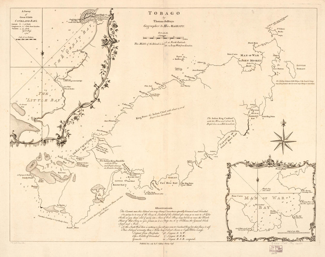 This old map of Tobago from 1765 was created by Thomas Jefferys in 1765