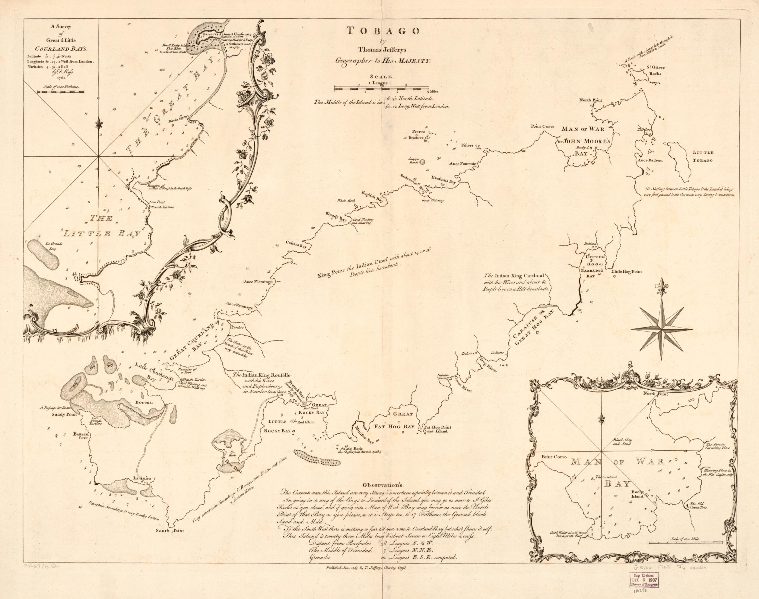This old map of Tobago from 1765 was created by Thomas Jefferys in 1765