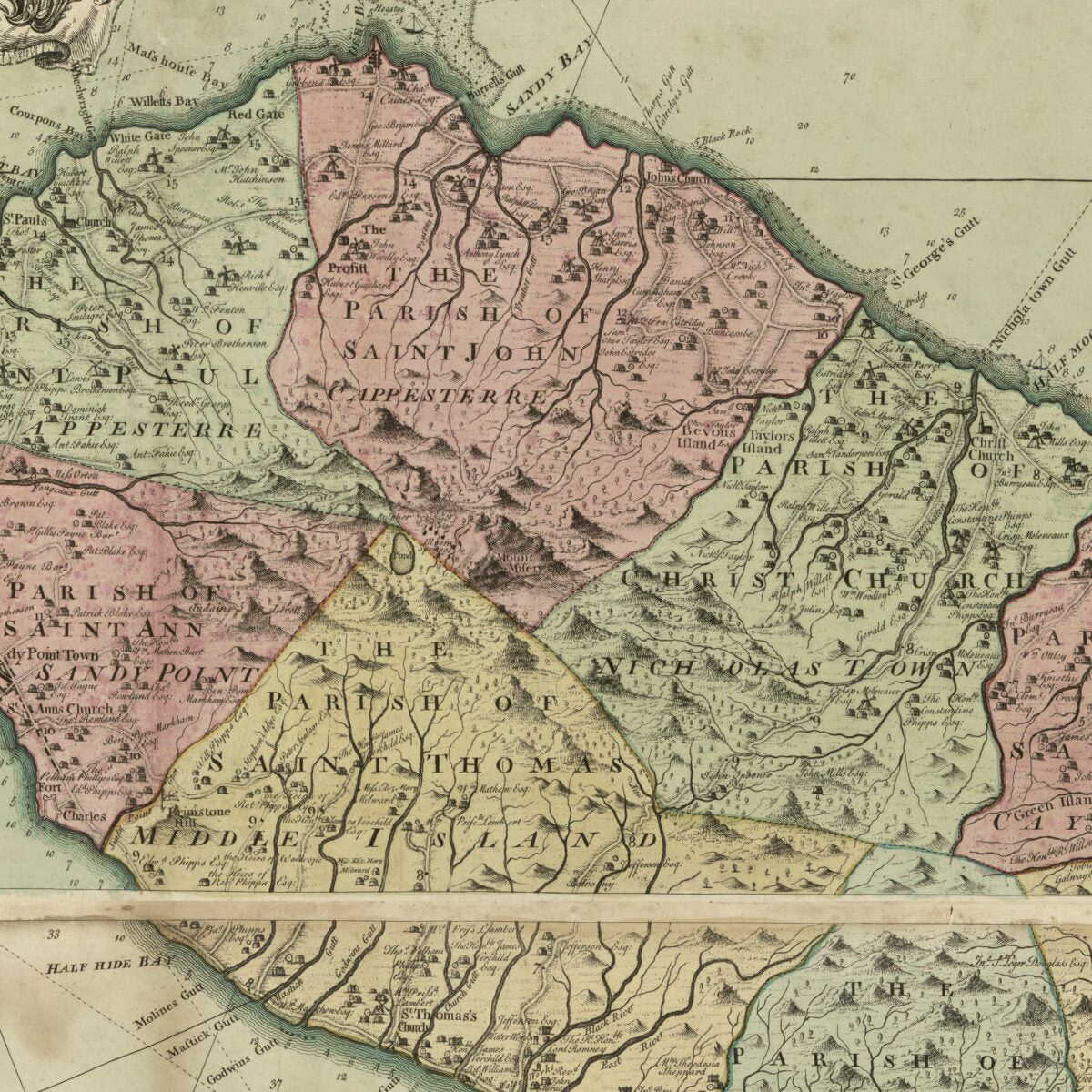 This old map of A New and Exact Map of the Island of St. Christopher In America, According to an Actual and Accurate Survey Made In the Year from 1753. Describing the Several Parishes, With Their Respective Limits, Contents, & Churches; Also the High Way
