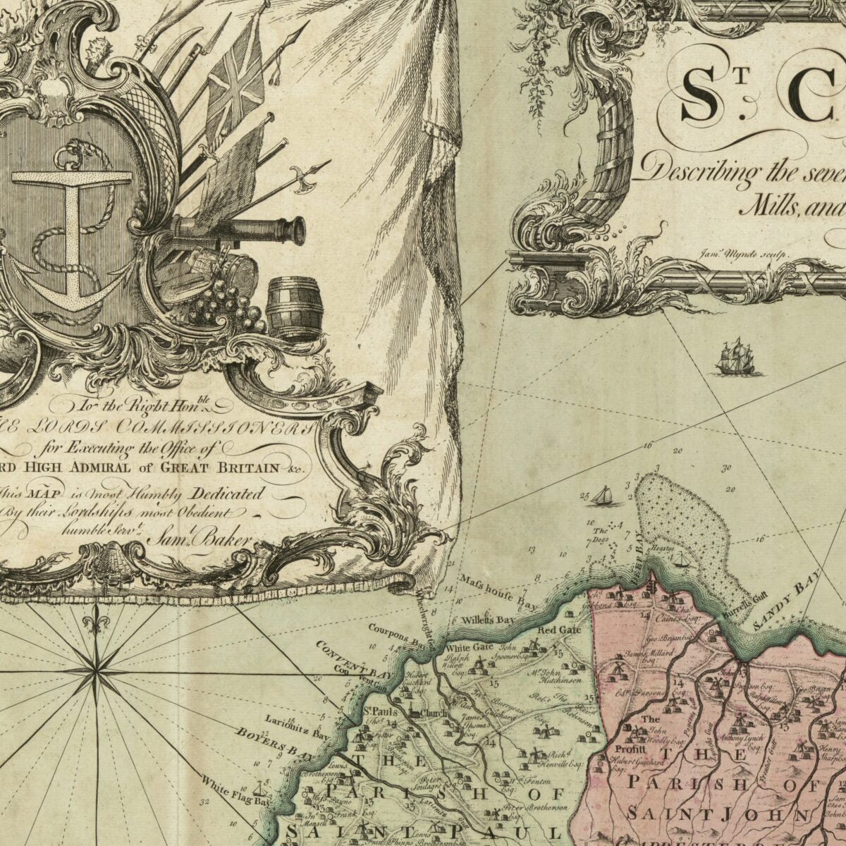 This old map of A New and Exact Map of the Island of St. Christopher In America, According to an Actual and Accurate Survey Made In the Year from 1753. Describing the Several Parishes, With Their Respective Limits, Contents, & Churches; Also the High Way