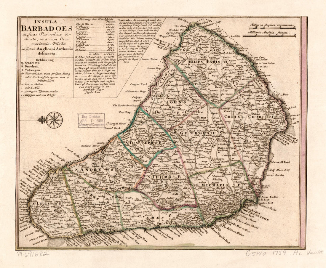 This old map of Insula Barbadoes In Suas Parochias Distincts, Una Cum Oris Maritimis, Vüs &c. Ad Fidem Anglicani Authoris Delineata from 1759 was created by Homann Erben (Firm) in 1759