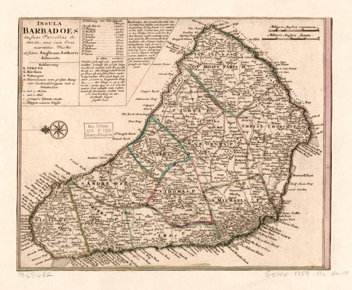 Insula Barbadoes In Suas Parochias Distincts, Una Cum Oris Maritimis, Vüs &c. Ad Fidem Anglicani Authoris Delineata 1759 by Relic Map Company