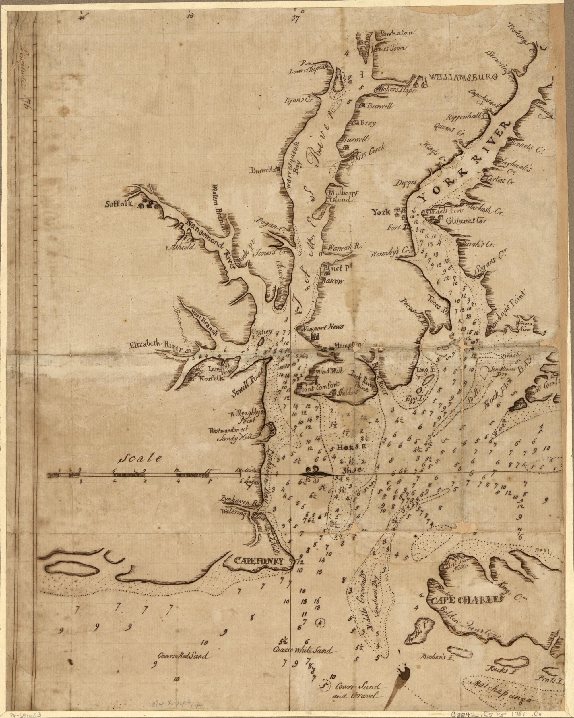 This old map of Chart Showing the Depth of the James and York Rivers As They Enter Chesapeake Bay, With Towns Adjacent from 1781 was created by in 1781