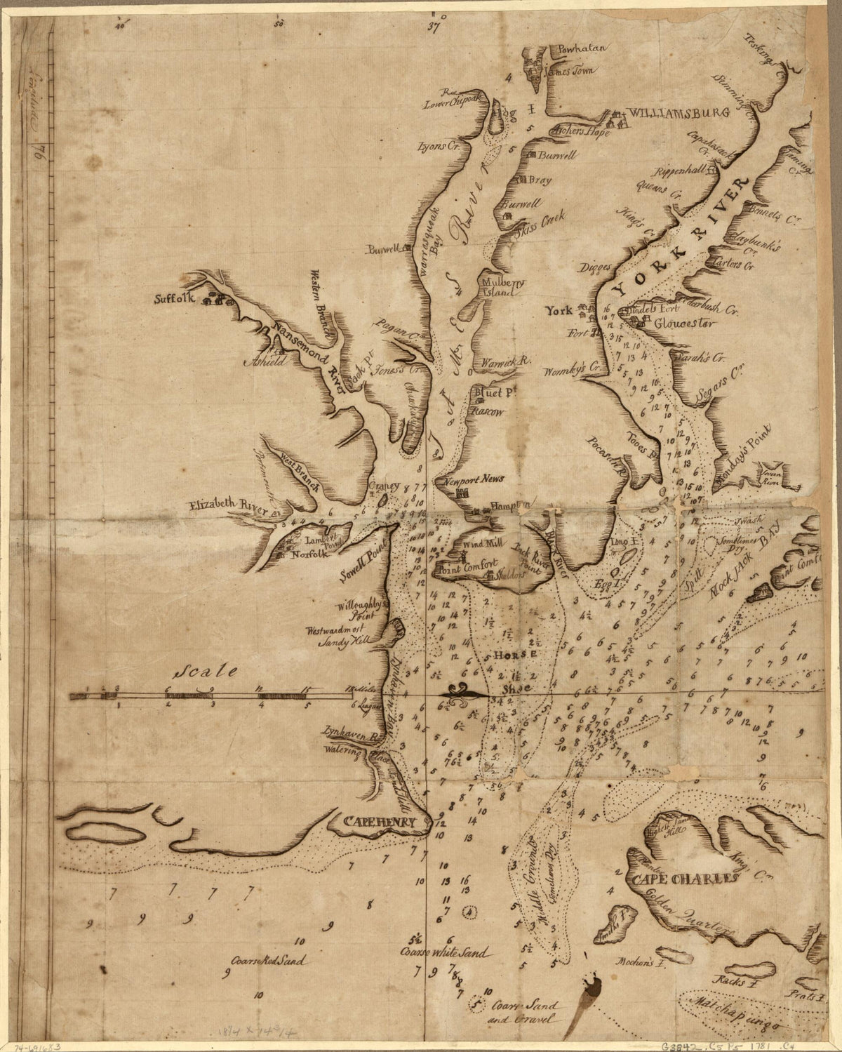 Chart Showing the Depth of the James and York Rivers As They Enter Chesapeake Bay, With Towns Adjacent 1781 by Relic Map Company