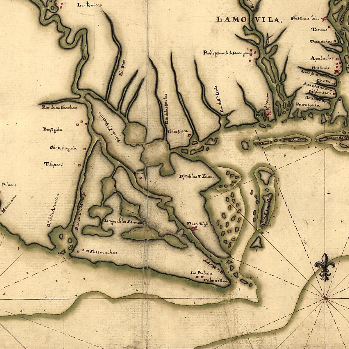 This old map of Plano Del Desembocadero Del Río Misipipi En El Seno Mexicano Con Parte Del Territorio De La Movila, El Qual Incluien Los Franceses En La Provincia Que Han Nombrado, La Luisiana from 1756 was created by Diego Montes De Oca in 1756