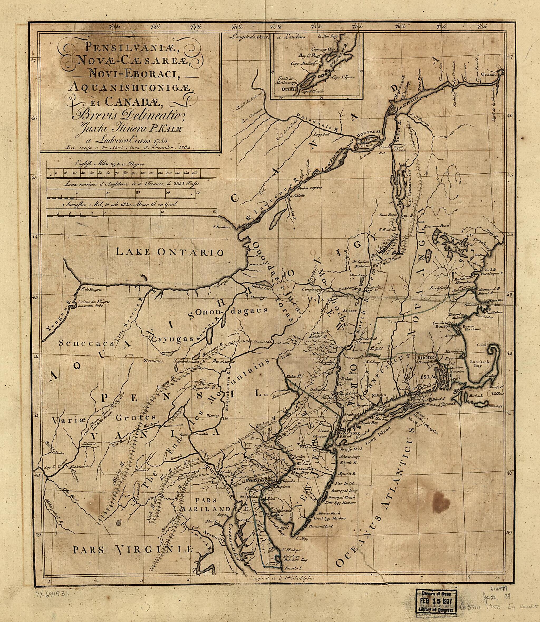 This old map of Cæsareæ, Novi-Eboraci, Aquanishuonigæ Et Canadæ from 1784 was created by Fr Akrel, Lewis Evans, Pehr Kalm, S. Kreander in 1784