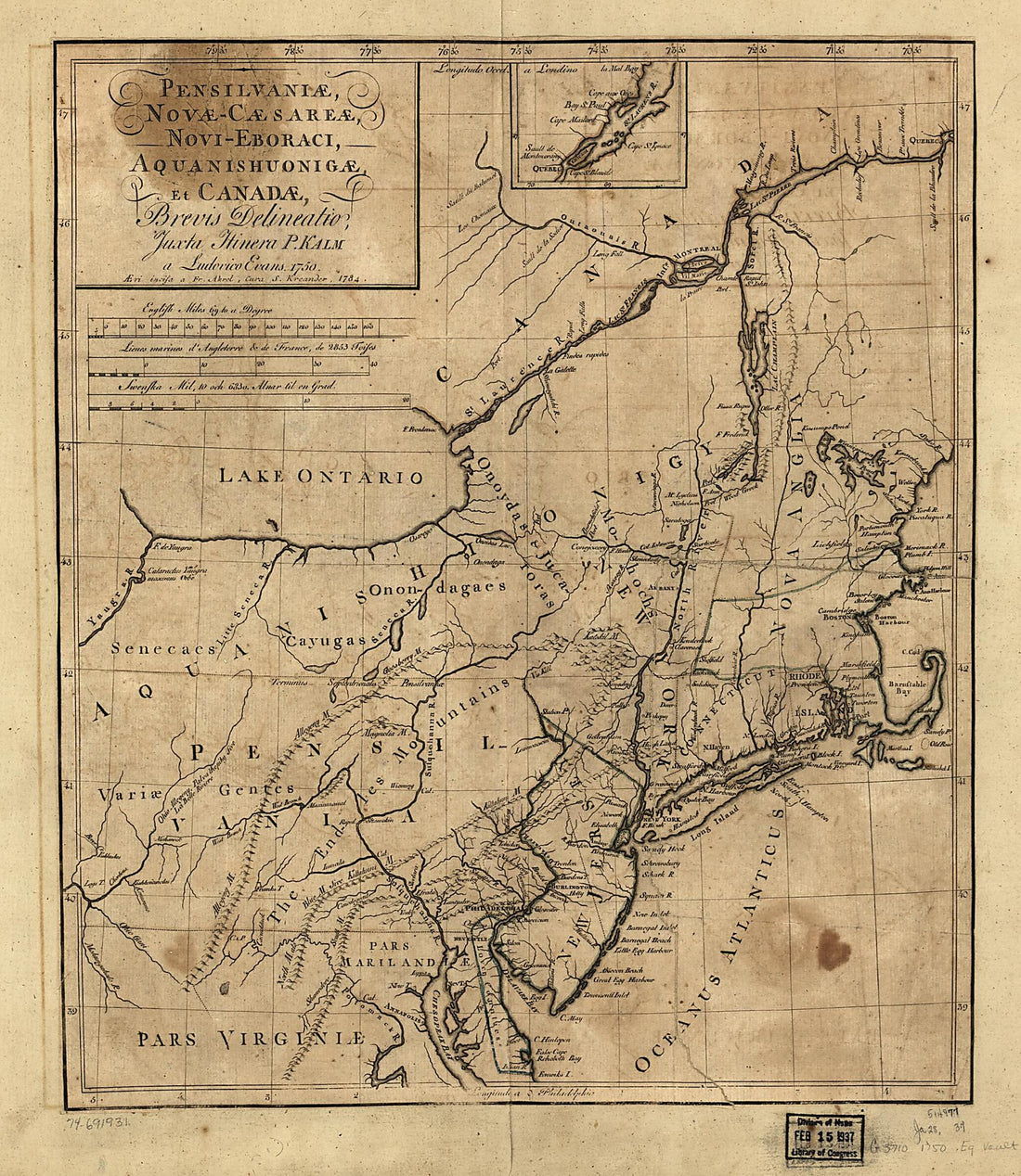 This old map of Cæsareæ, Novi-Eboraci, Aquanishuonigæ Et Canadæ from 1784 was created by Fr Akrel, Lewis Evans, Pehr Kalm, S. Kreander in 1784