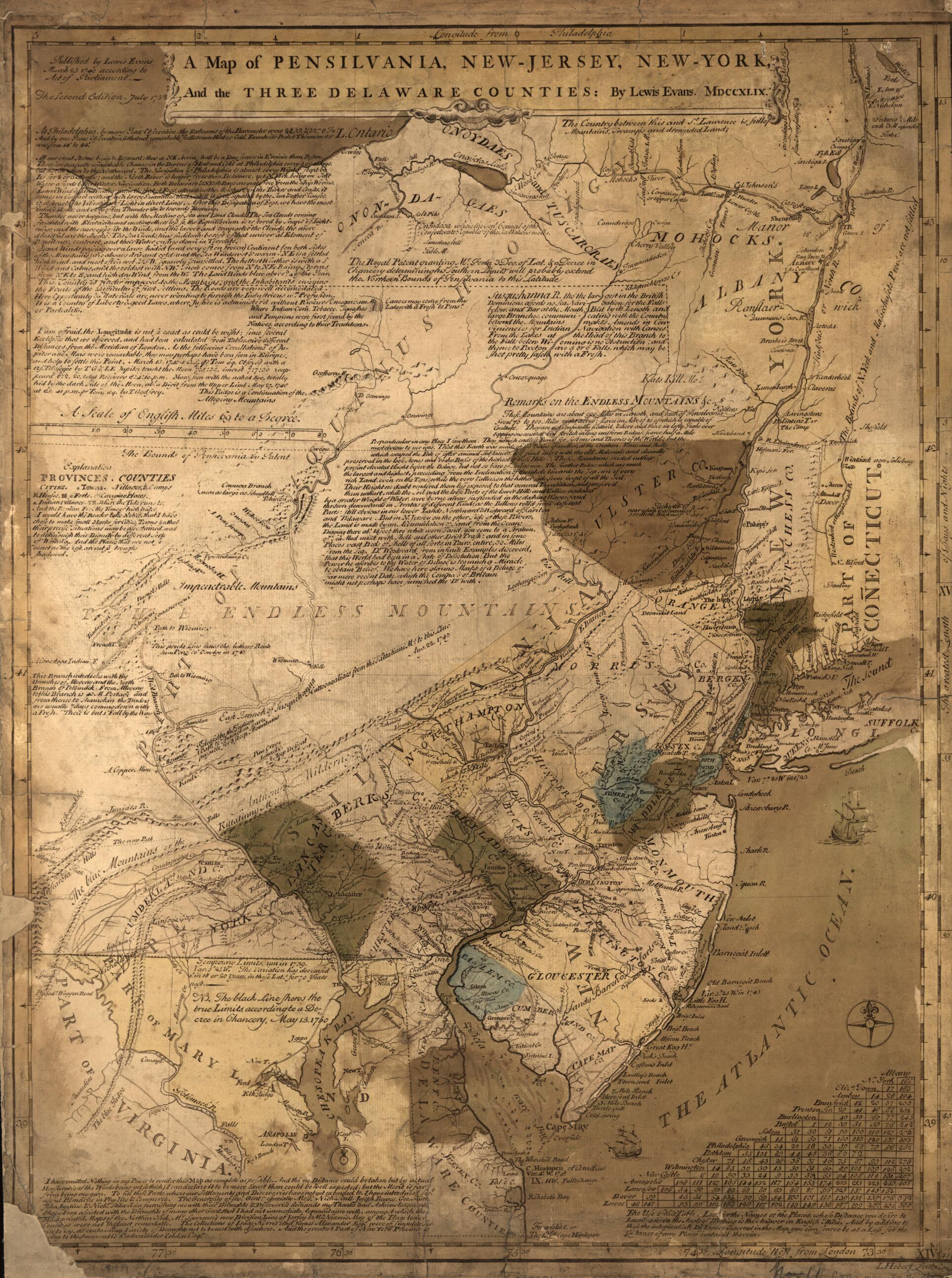 This old map of Jersey, New-York, and the Three Delaware Counties from 1752 was created by Lewis Evans, L. Hebert in 1752