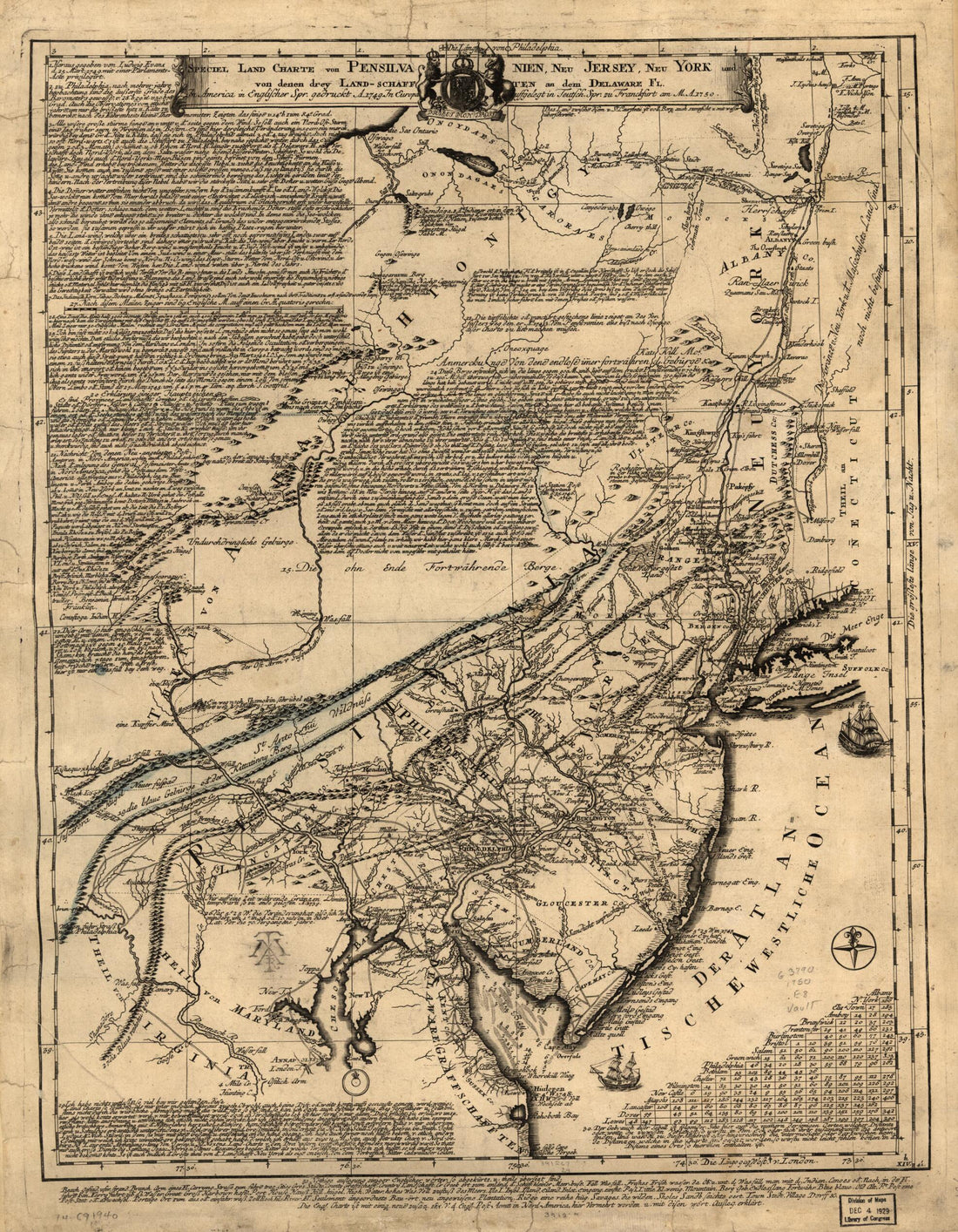 This old map of Schafften an Dem Delaware Fl. In America In Englischer Spr. Gedruckt A. 1749 from 1750 was created by Lewis Evans in 1750