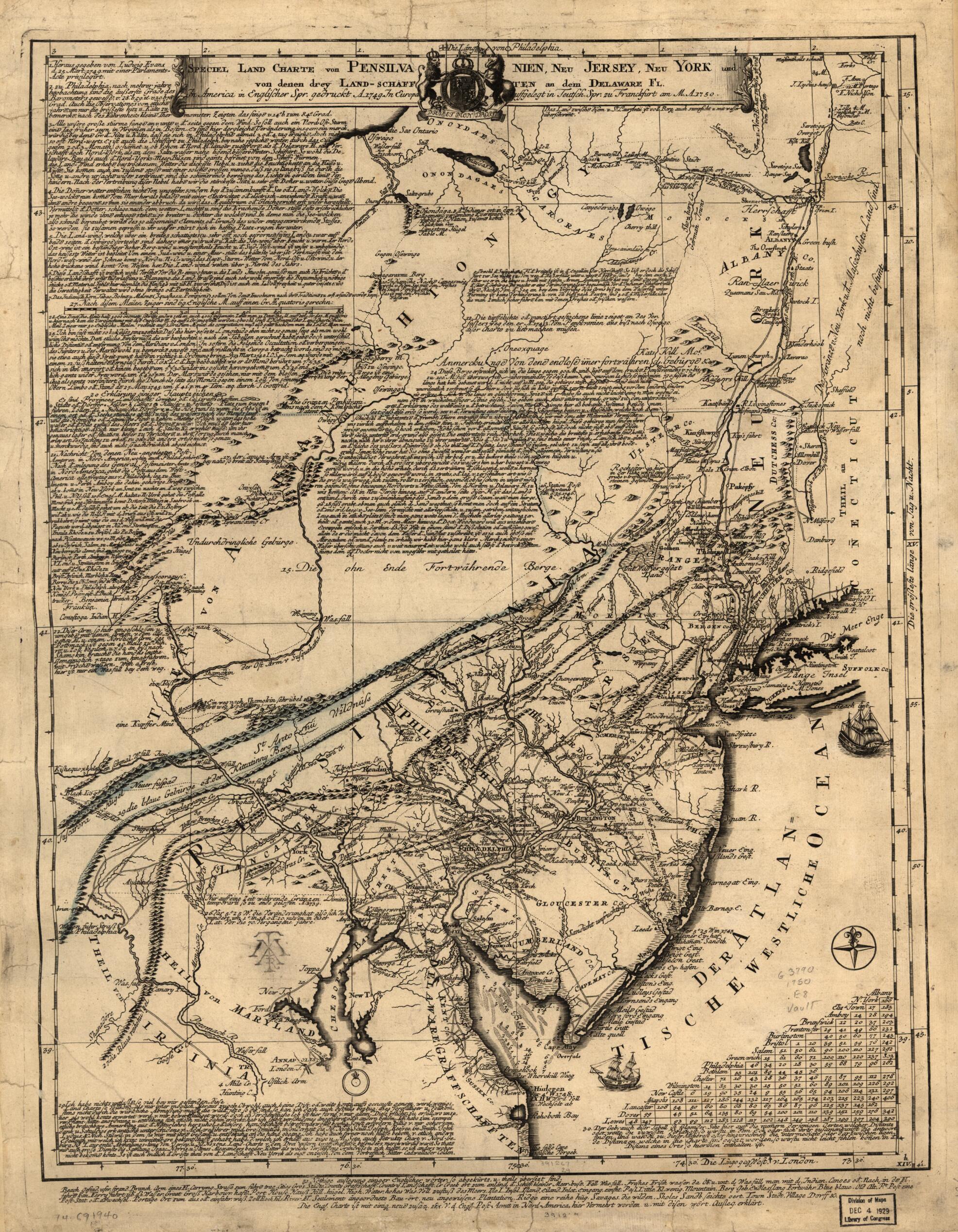 This old map of Schafften an Dem Delaware Fl. In America In Englischer Spr. Gedruckt A. 1749 from 1750 was created by Lewis Evans in 1750