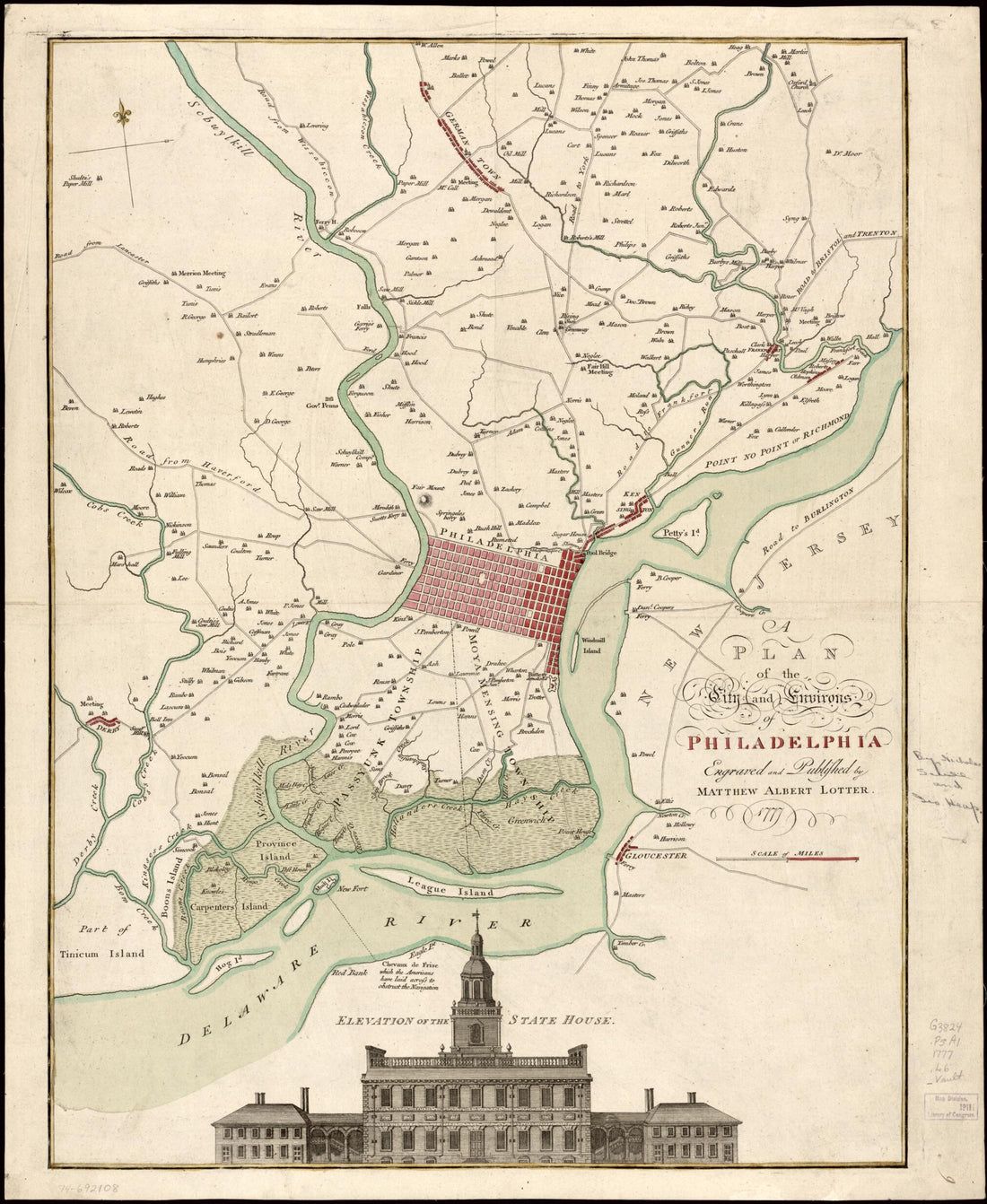 This old map of A Plan of the City and Environs of Philadelphia from 1777 was created by Matthäus Albrecht Lotter in 1777