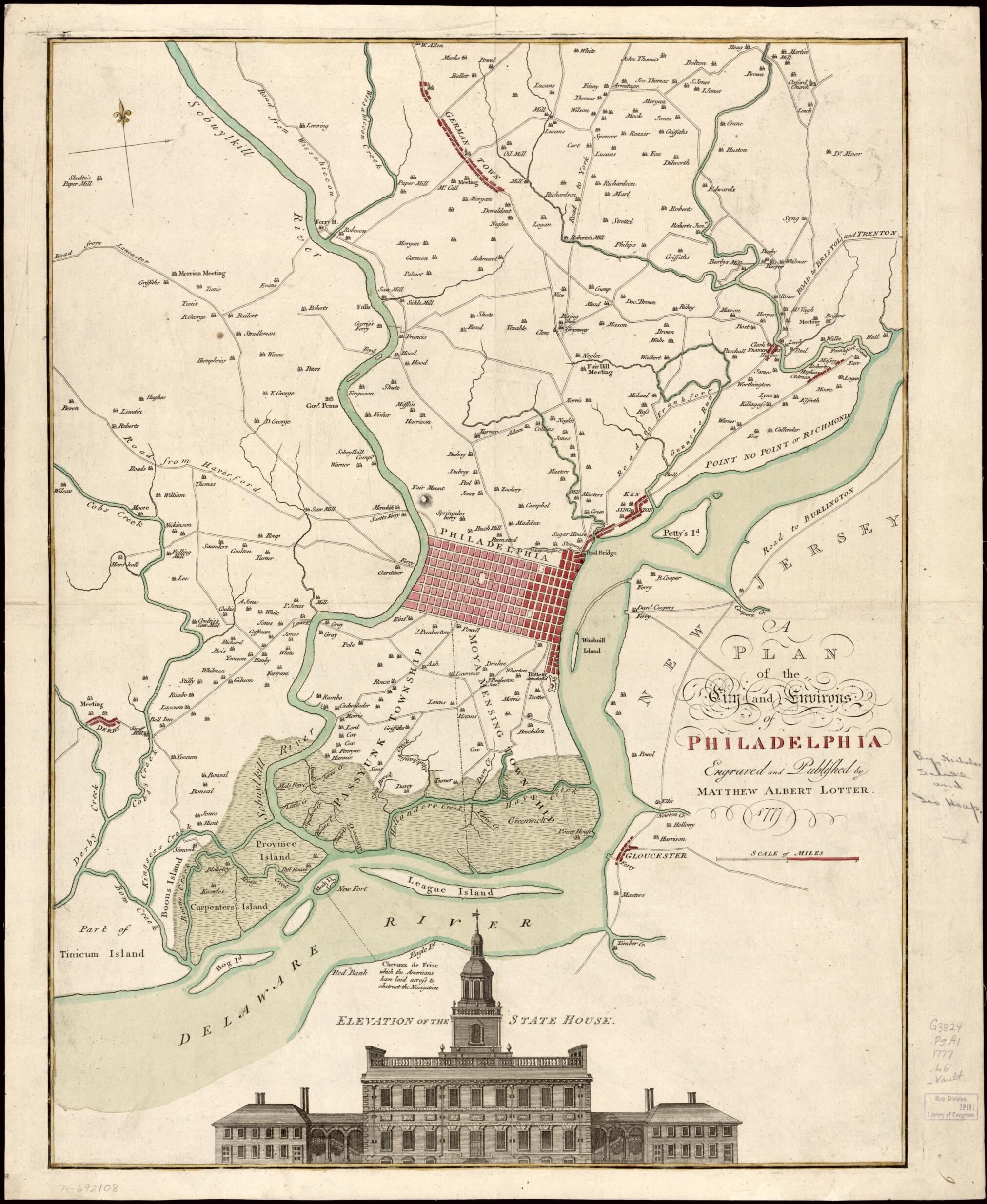 This old map of A Plan of the City and Environs of Philadelphia from 1777 was created by Matthäus Albrecht Lotter in 1777
