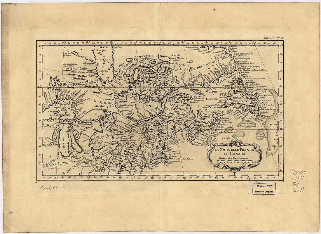 This old map of La Nouvelle France Où Canada from 1764 was created by Jacques Nicolas Bellin in 1764