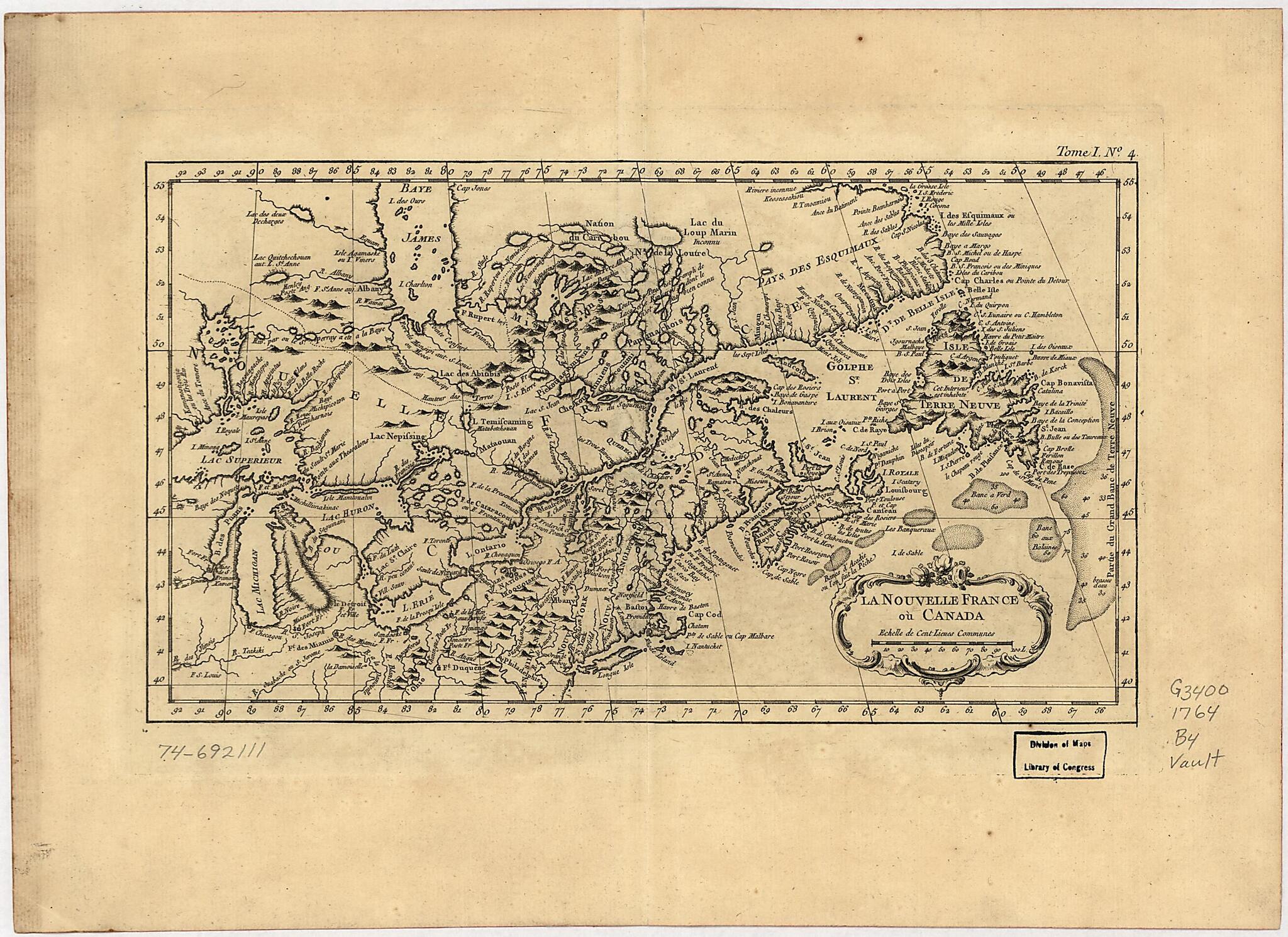 This old map of La Nouvelle France Où Canada from 1764 was created by Jacques Nicolas Bellin in 1764