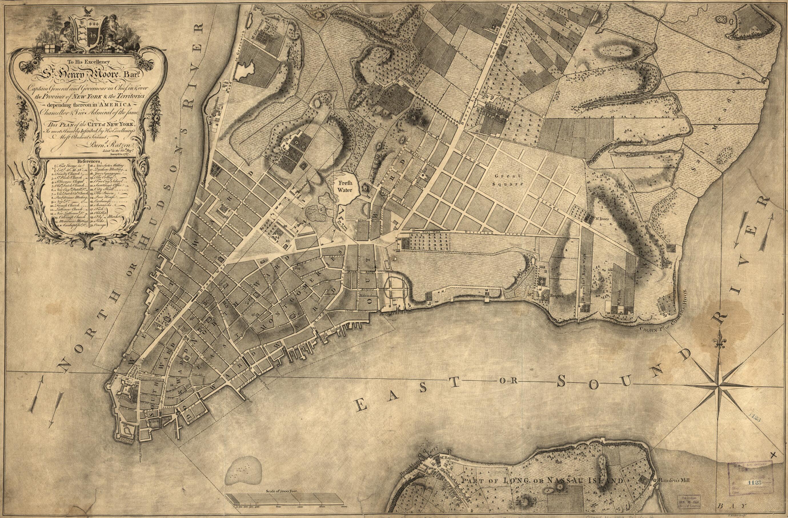 This old map of To His Excellency Sr. Henry Moore, Bart., Captain General and Governour In Chief, In & Over the Province of New York & the Territories Depending Thereon In America, Chancellor & Vice Admiral of the Same. This Plan of the City of New York,