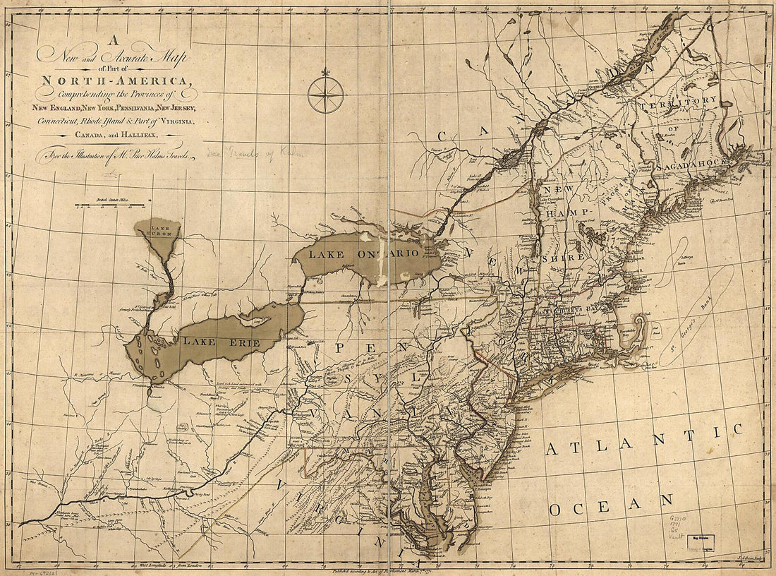 This old map of America, Comprehending the Provinces of New England, New York, Pensilvania, New Jersey, Connecticut, Rhode Island & Part of Virginia, Canada and Hallifax, for the Illustration of Mr. Peter Kalms Travels from 1771 was created by J. (John)