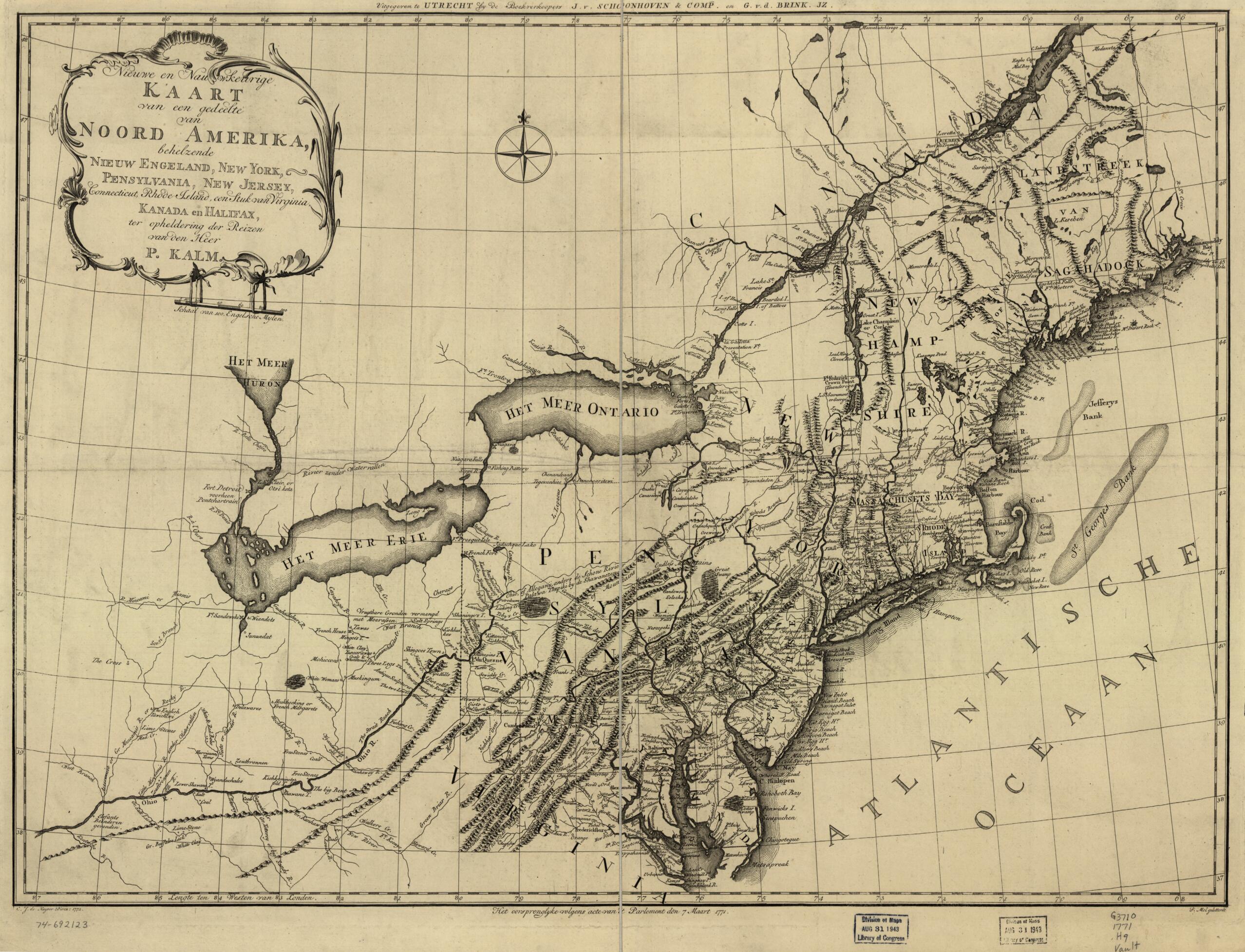 This old map of Nieuwe En Nauwkeurige Kaart Van Een Gedeelte Van Noord Amerika, Behelzende Nieuw Engeland, New York, Pensylvania, New Jersey, Connecticut, Rhode Island, Een Stuk Van Virginia, Kanada En Halifax, Ter Opheldering Der Reizen Van Den Heer P.