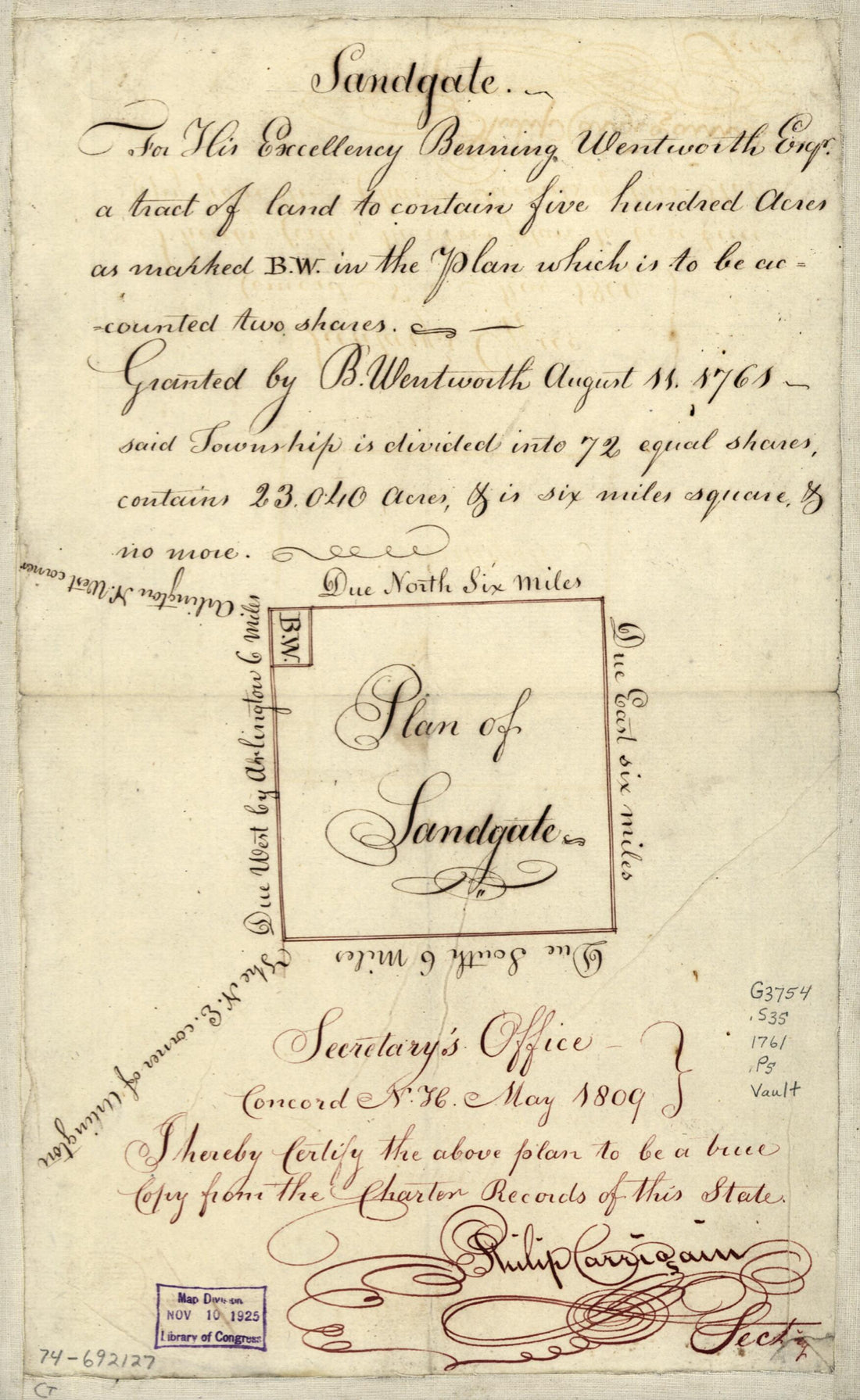 This old map of Plan of Sandgate from 1809 was created by Benning Wentworth in 1809