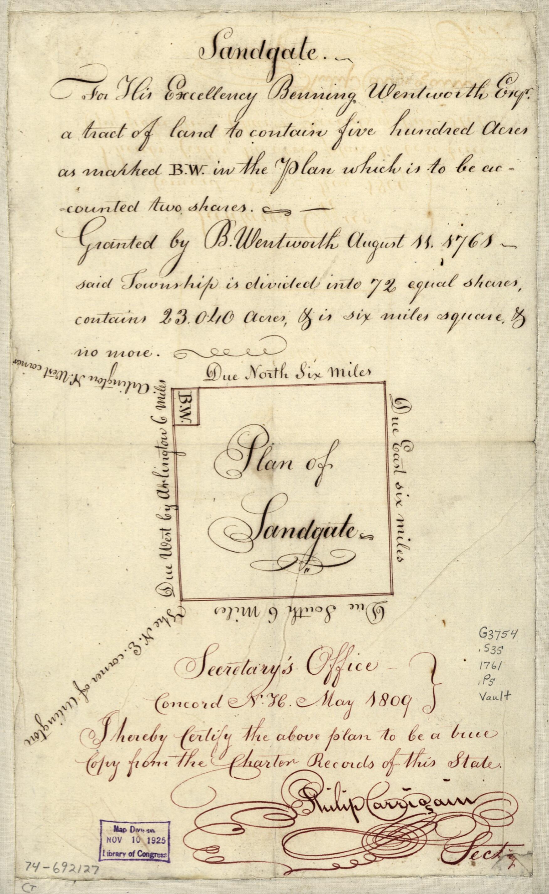 This old map of Plan of Sandgate from 1809 was created by Benning Wentworth in 1809