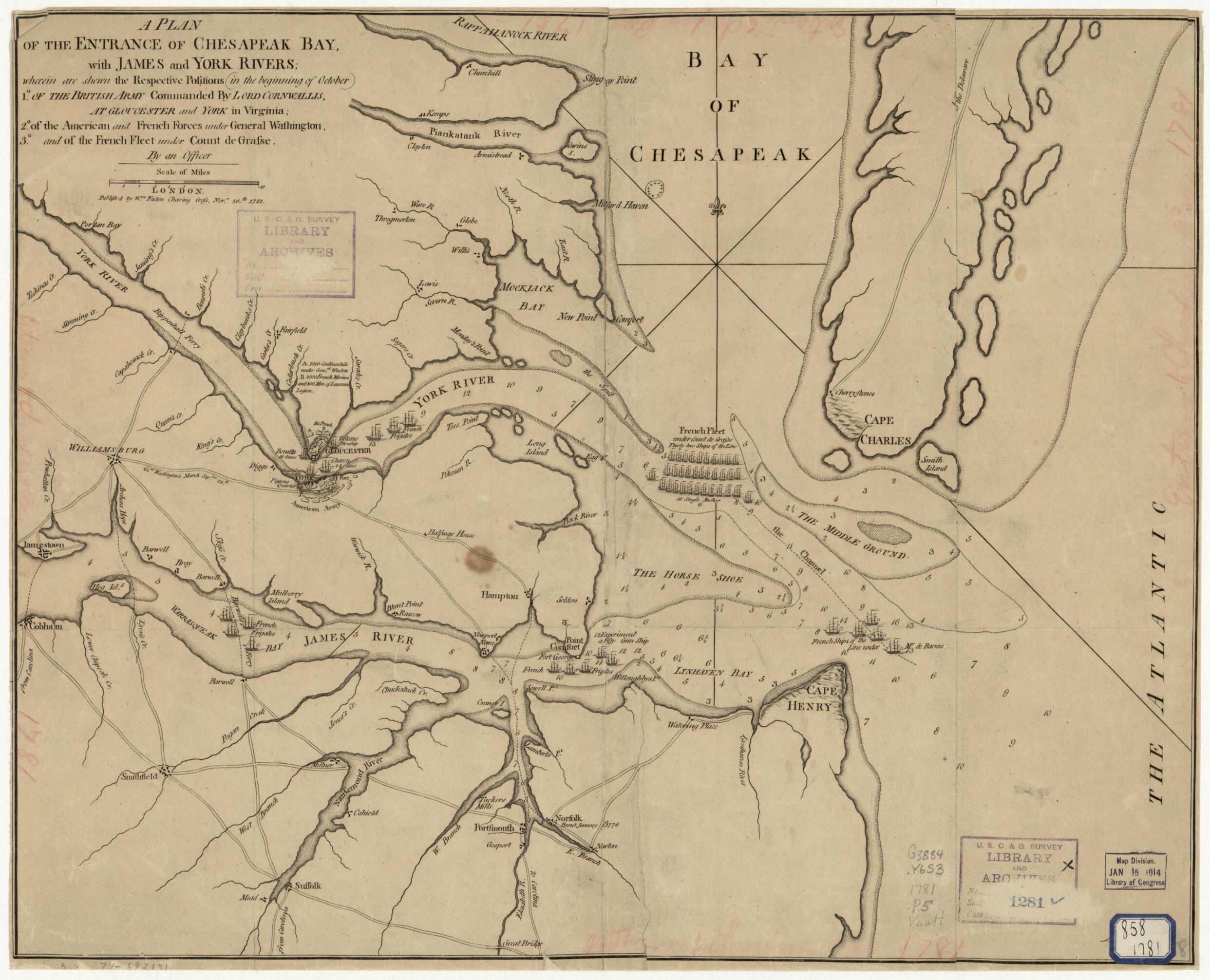 This old map of A Plan of the Entrance of Chesapeak Bay, With James and York Rivers; Wherein Are Shewn the Respective Positions (in the Beginning of October) 1.⁰ of the British Army Commanded by Lord Cornwallis at Gloucester and York In Virginia; 2.⁰