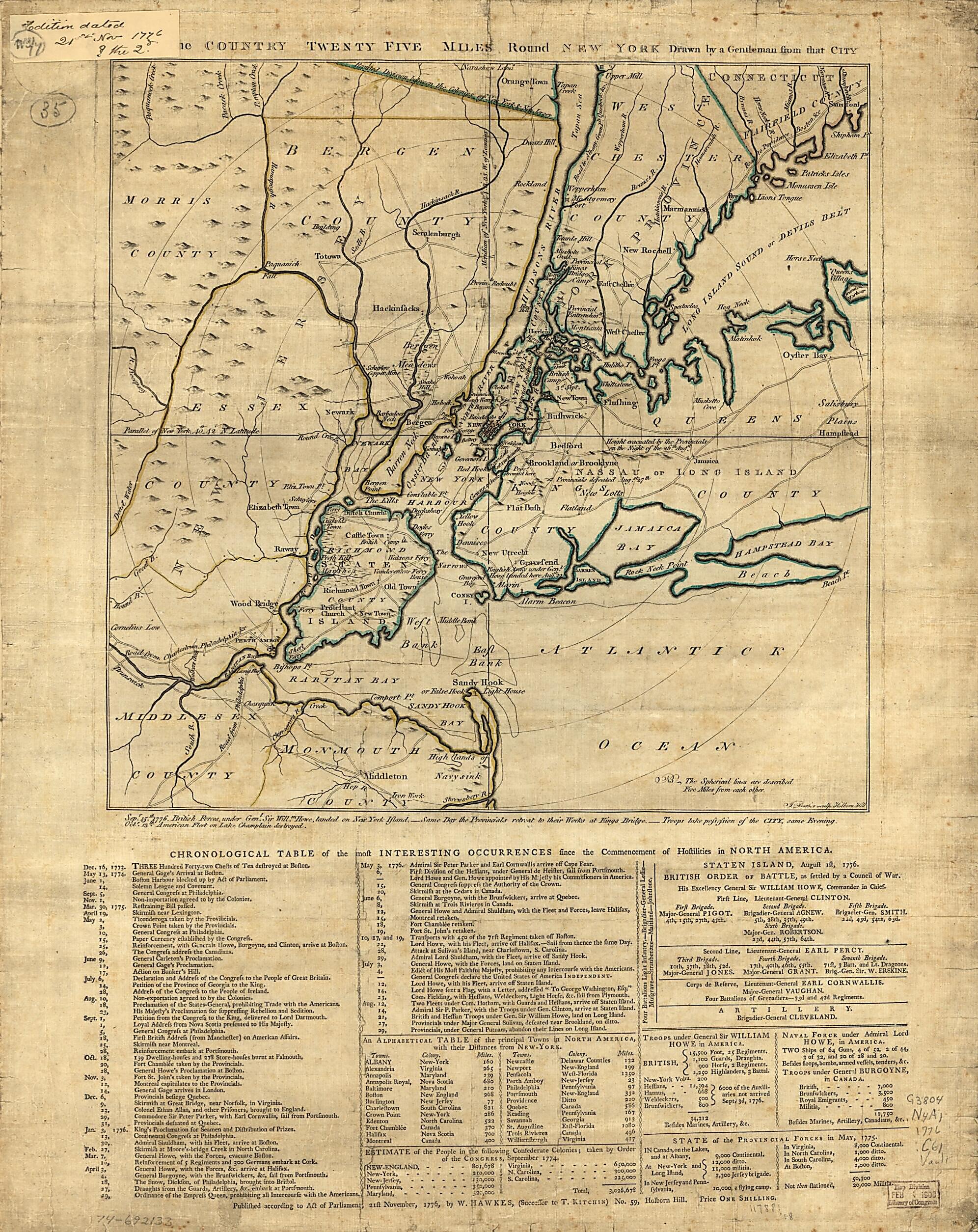 This old map of The Country Twenty Five Miles Round New York from 1776 was created by J. Barber, W. Hawkes in 1776